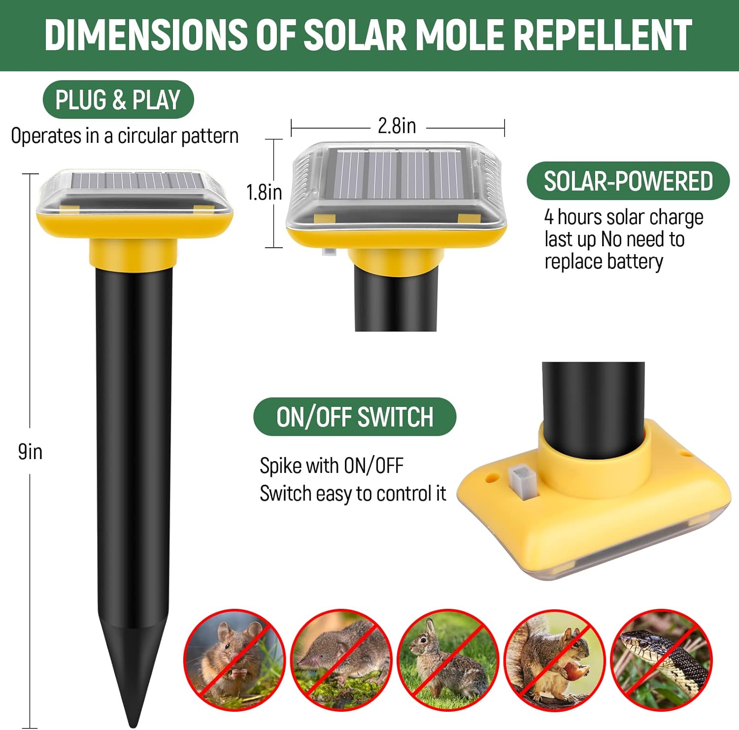 Mole Repellent Solar Powered,2025 Upgraded Gopher Repellent Ultrasonic Solar Powered,Vole Repeller Outdoor for Lawns Garden Yard,Gopher Trap Killer for Mole,Snake (Yellow,6 Pack)