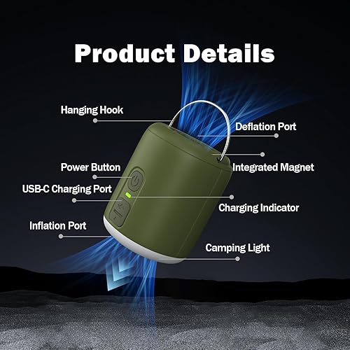 Miniatura 6 de Bomba de aire eléctrica portátil para inflables y viajes con luz de campamento  Mini inflador inalámbrico de 4.5 KPa, batería recargable de 1600 mAh