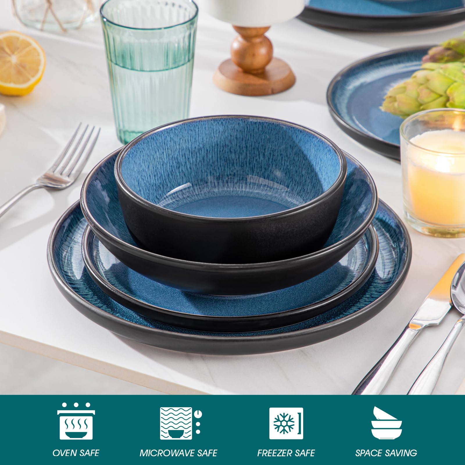 vancasso aardewerk serviesset voor 6 personen, blauwe bordenset, modern, 24- delig, tafelservies met platte borden, soepborden, dessertborden en kommen, vaatwasser- en magnetronbestendig