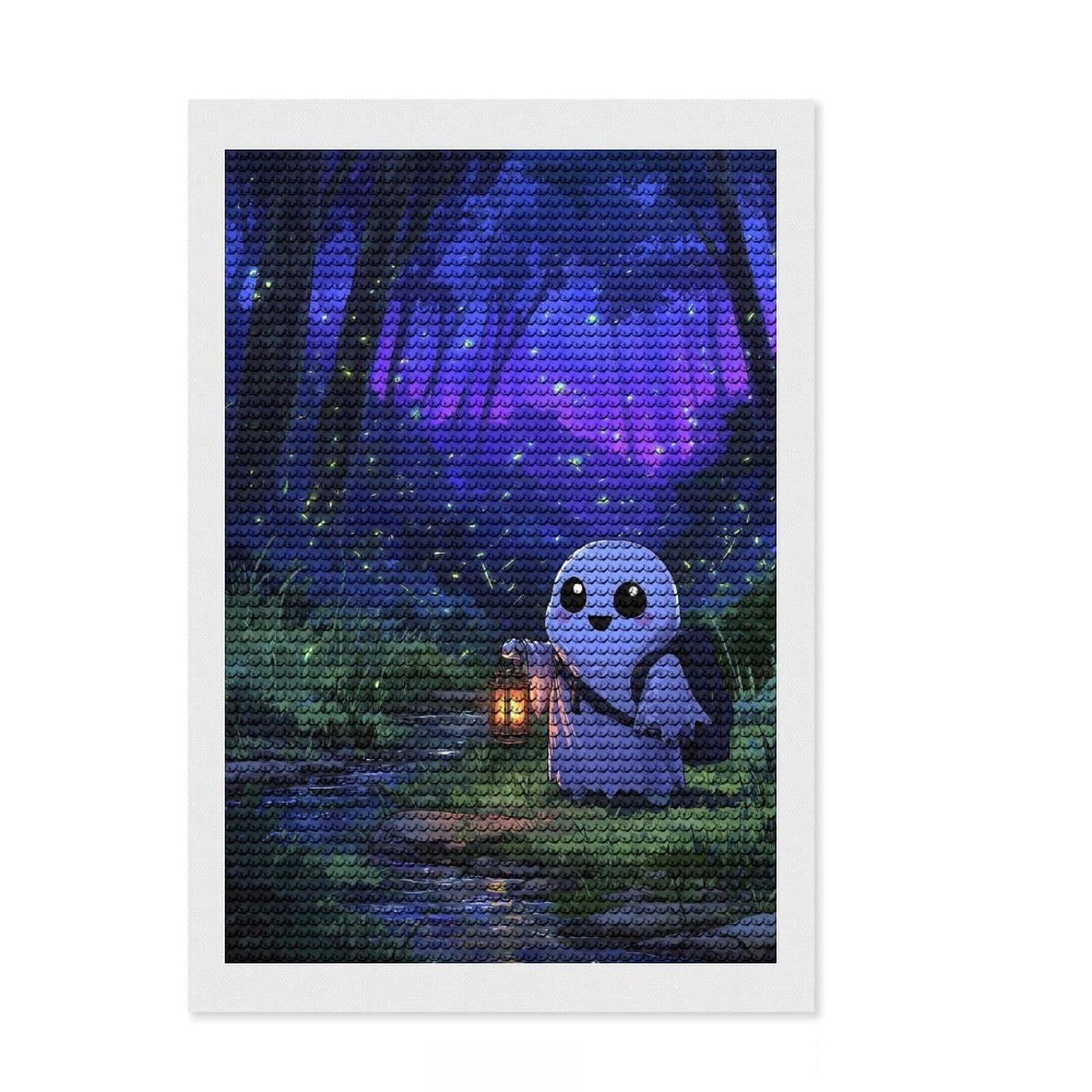 Junmoney Cute Ghost with Lantern in Forest Diamond Style Art Kit 8"x12", Farmhouse Decor, Relaxing DIY, with Tool Kit, Thoughtful Present, DIY