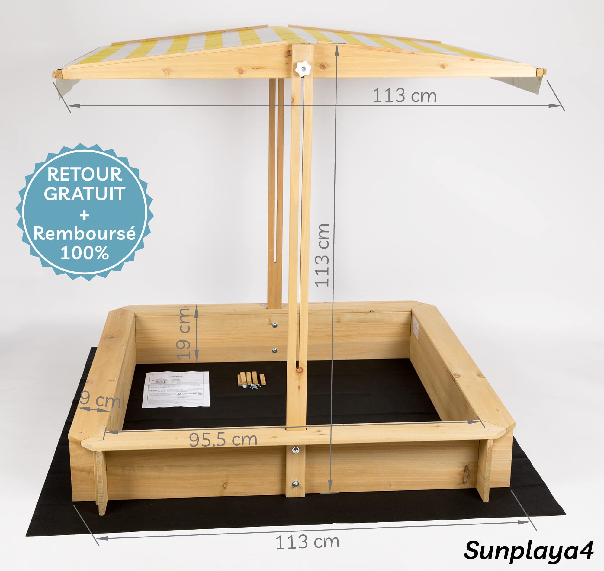 needs&wants® Bac à Sable en Bois avec Couvercle Plastique Oxford 600D pour Enfants, avec Toit refermable, siège, Sol, carré, UV-Protection, rectangulaire extérieur, pour Jardin et Jeux, Jaune Blanc