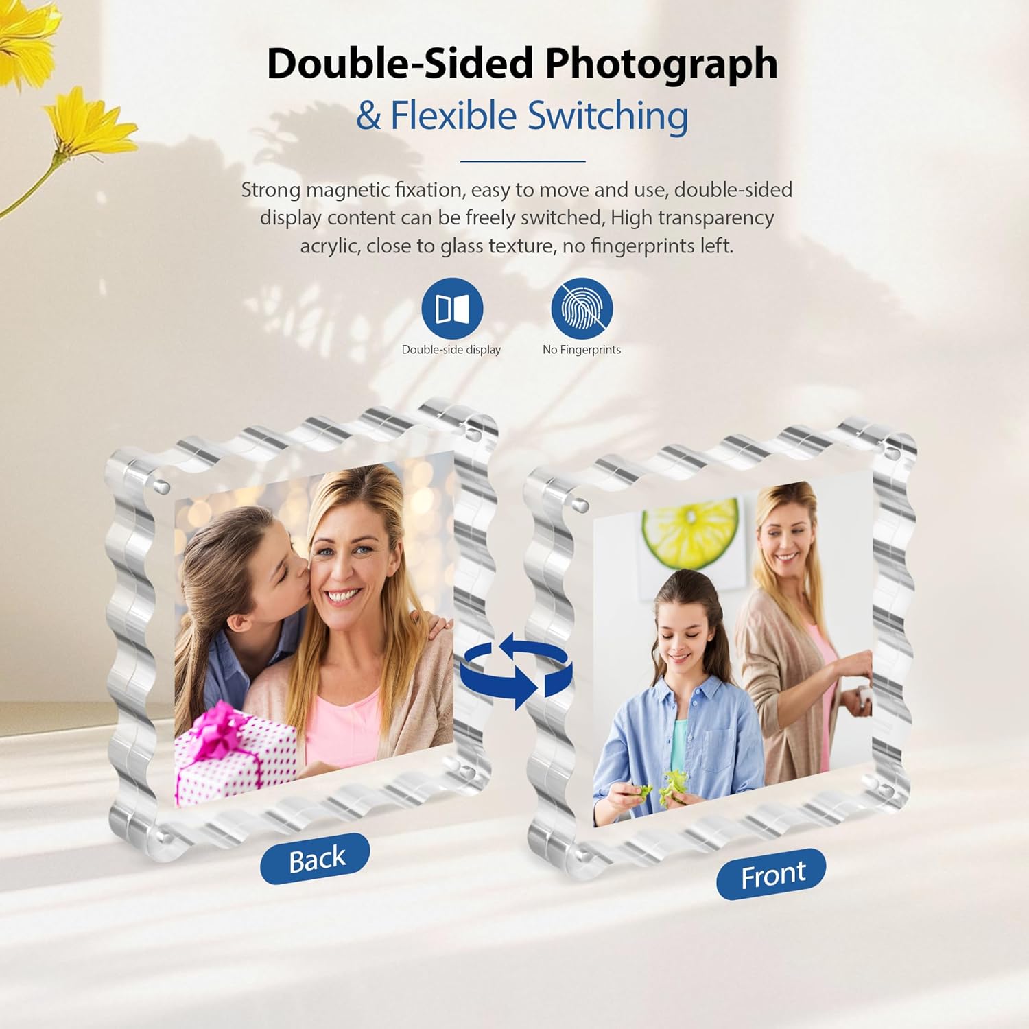 Chivalral Clear Picture Frames 3Pack - Acrylic Magnetic Photo Frame 4×4 Inch, Double Sided Magnet Frames with Scalloped Edges, 10+10mm Thick Freestanding Gift for Office/Home(Clear, 4x4)