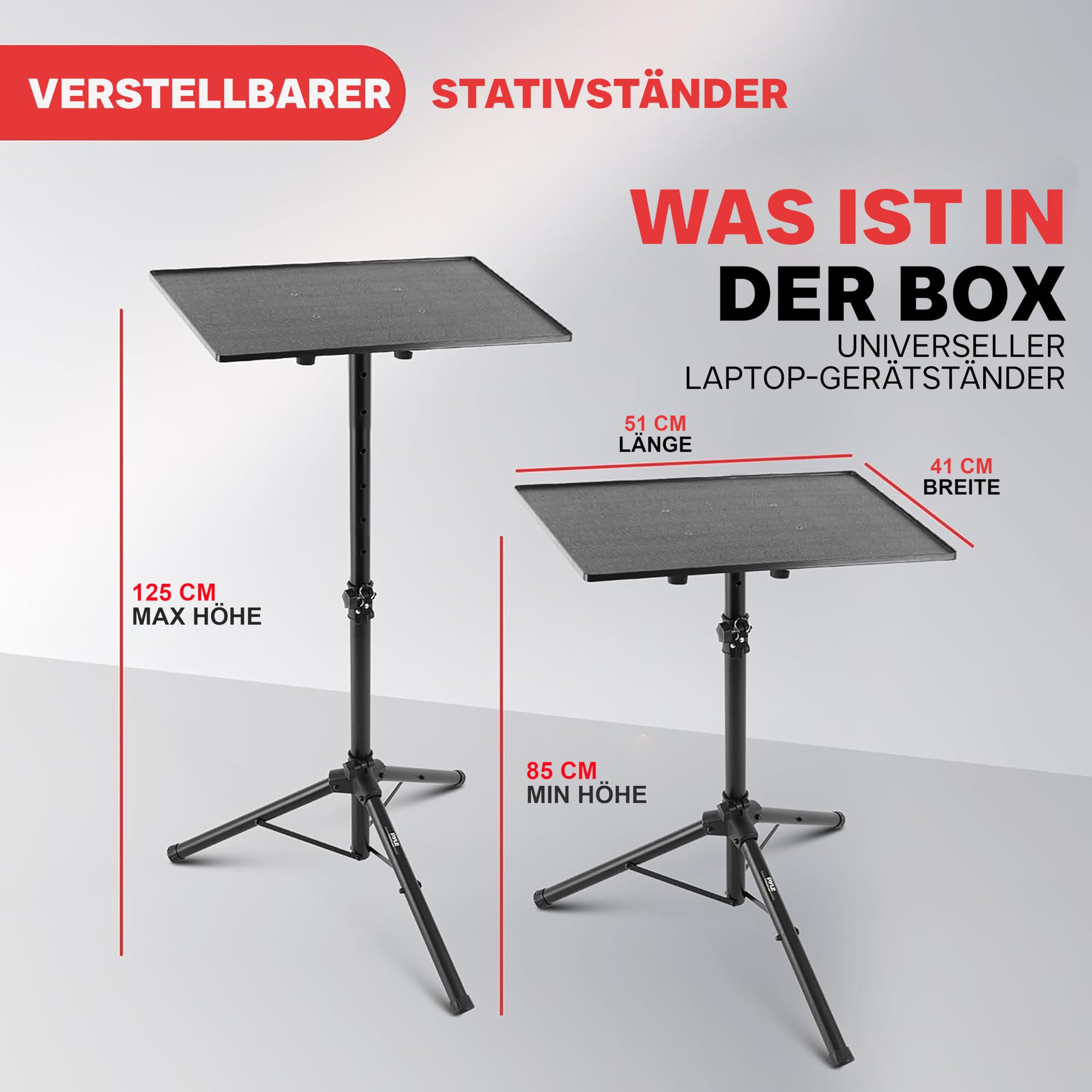 Pyle Laptop Ständer höhenverstellbar – Laptopständer & Projektorständer für Bühne, Büro & Studio, klappbar, robust, 85–125 cm Höhe, für Notebook, Beamer, DJ & Präsentationen