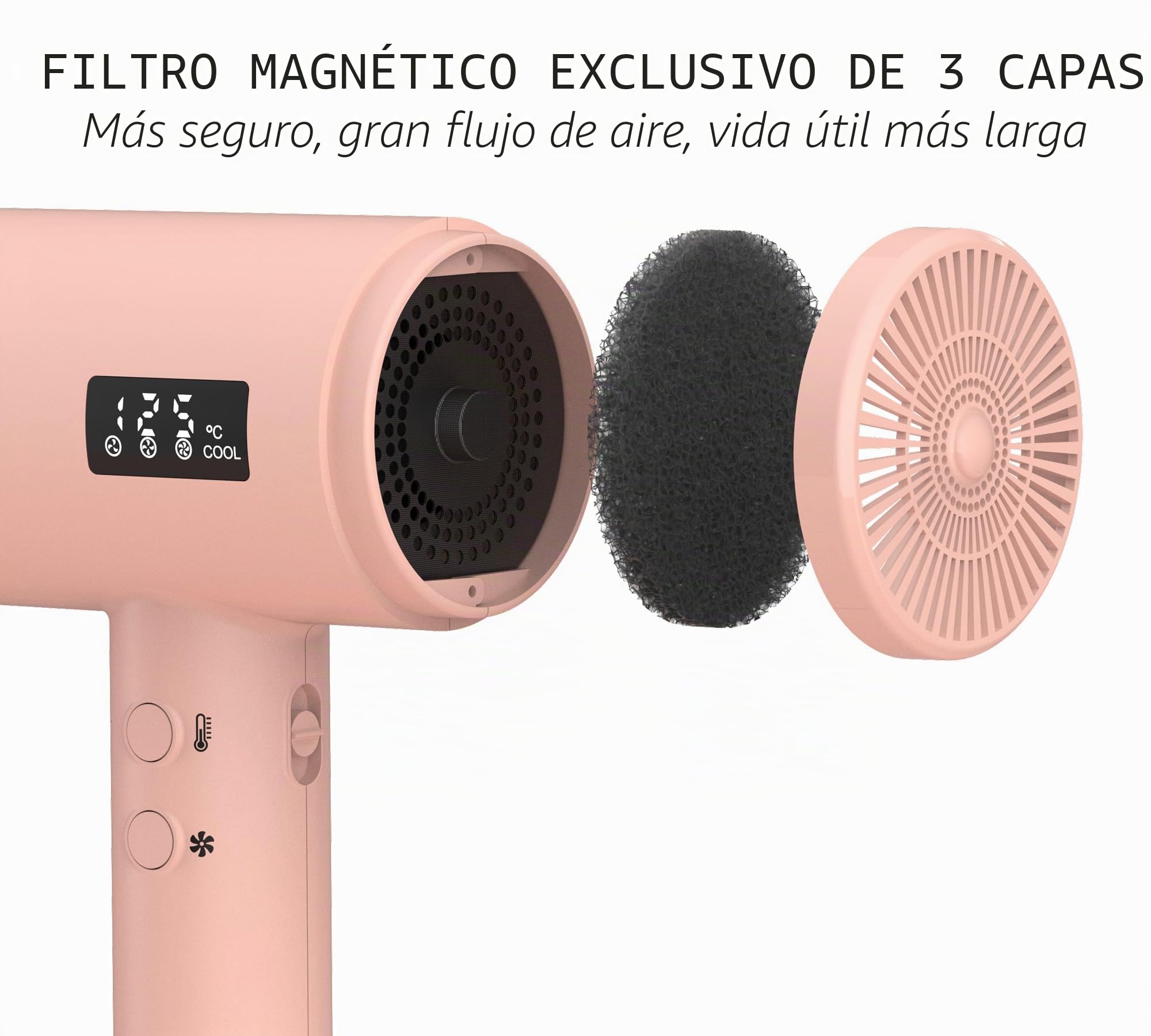 Secador de pelo AINA Pro Salon (nueva tecnología),2300W con peine difusor para mujeres | BLDC | Motor sin escobillas de 150,000 rpm | Iónico | Pantalla LED | 4 accesorios magnéticos 230V/EU(rosa)