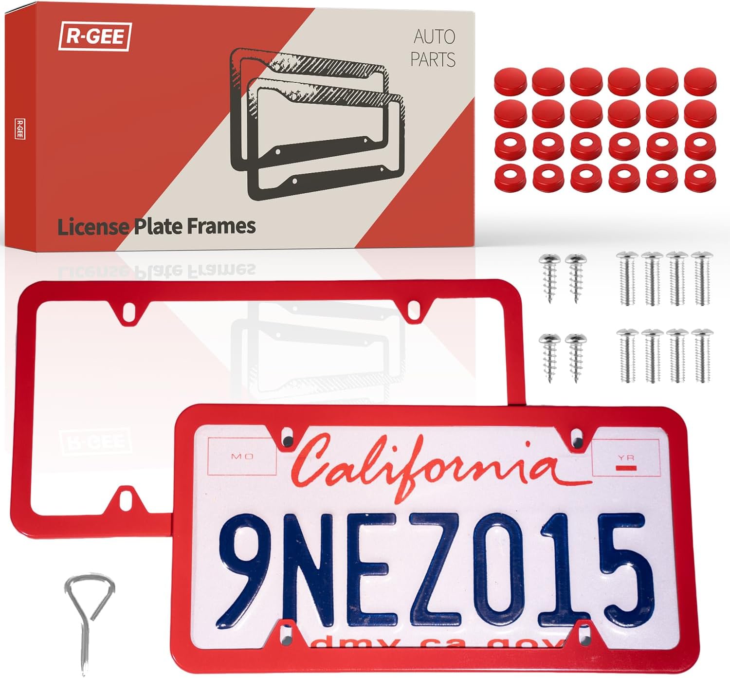 License Plate Frames, 2 Pack Universal Stainless Steel Car Tag Frame for License Plate for Front and Rear, Automotive Exterior Accessories with Screw Caps for Men & Women (Red)