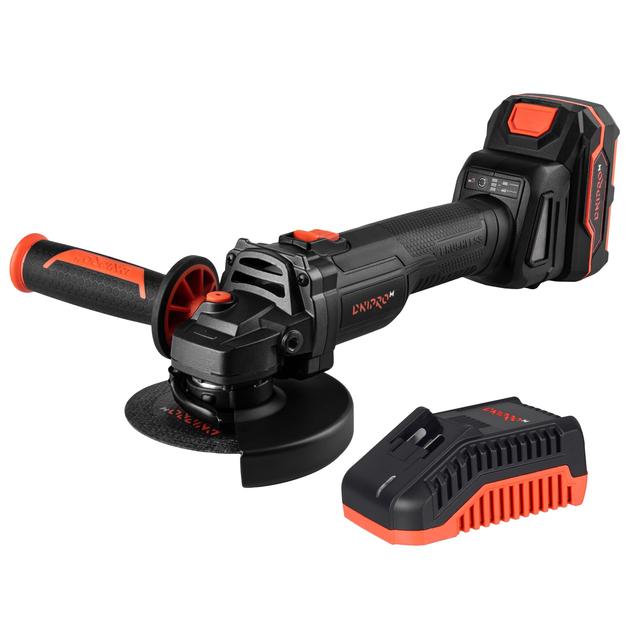Amoladora Angular Inalámbrica DGA-201BC Ultra 20V 125 mm Brushless - Radial a Batería con Batería 4Ah y Cargador Rápido, 2 Velocidades 3000/8500 rpm, M14 para Corte, Desbaste y Limpieza - Por Dnipro-M