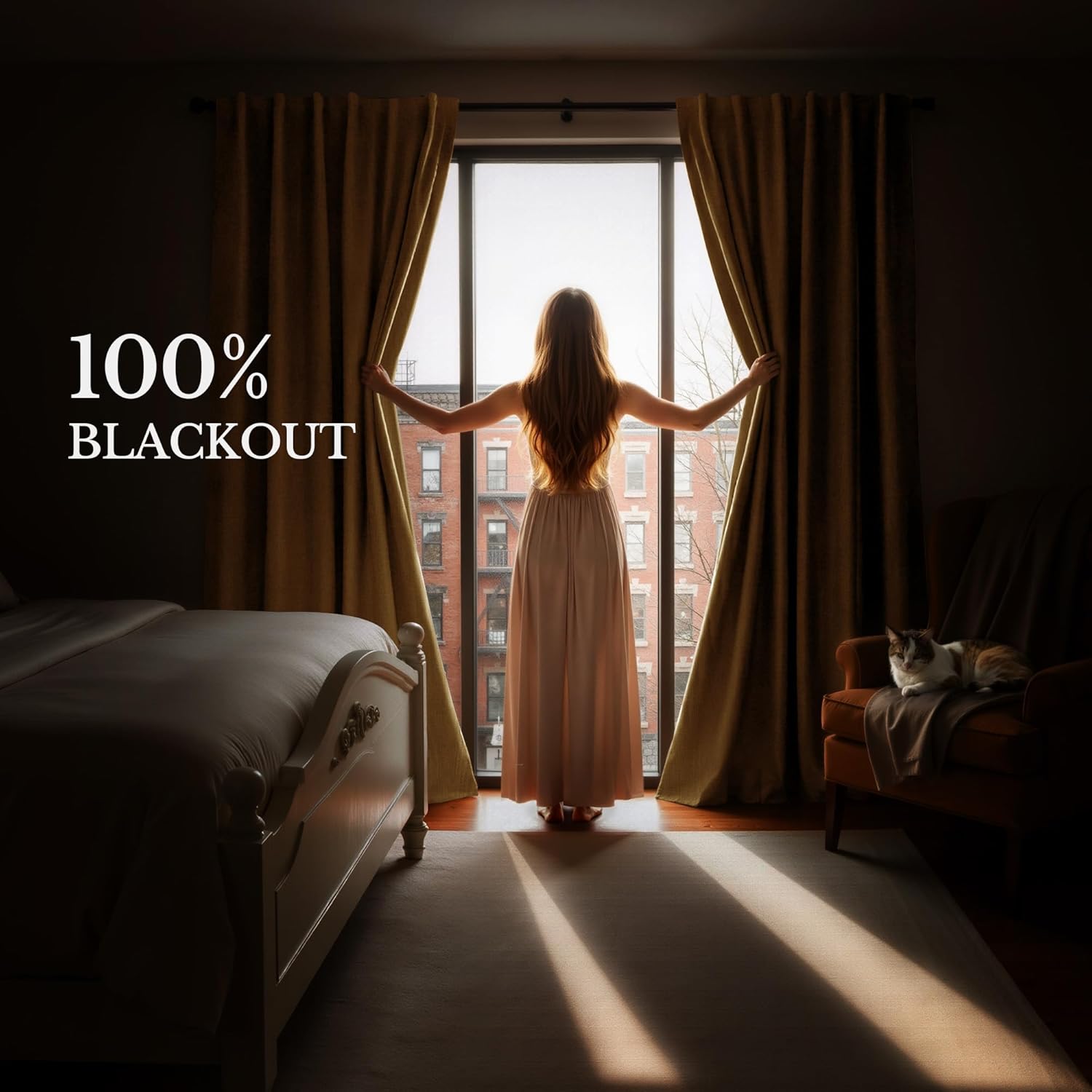 NICETOWN Scratch-Proof 100% Blackout Mustard Yellow Curtains, High-Density Linen Blend Window Treatments Rod Pocket & Back Tab Thermal Drapes for Living Room, W52 x L84, 2 Panels
