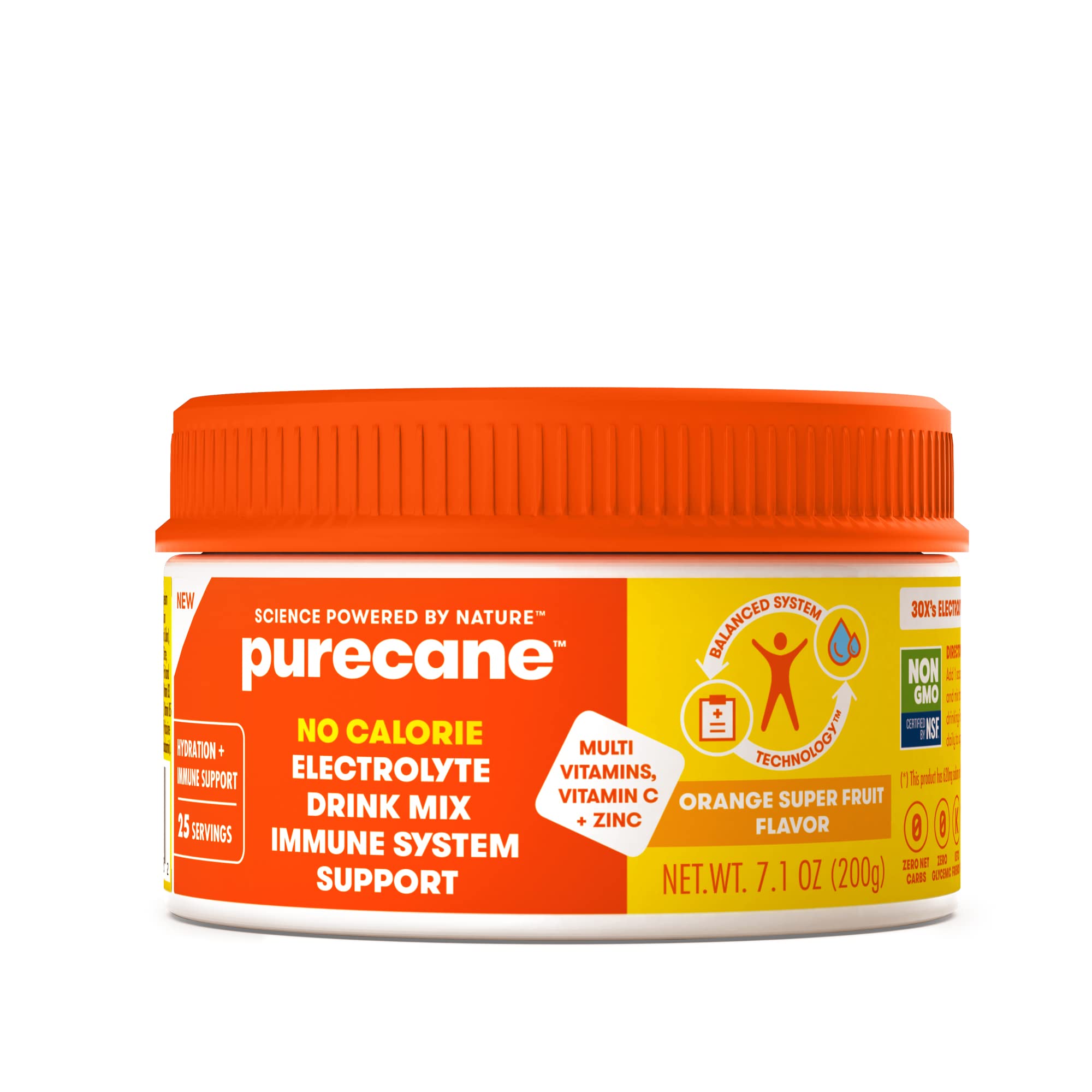 Purecane No Calorie Electrolyte Immune System Support Drink Mix, Orange Super Fruit Flavor, Canister 7.1oz