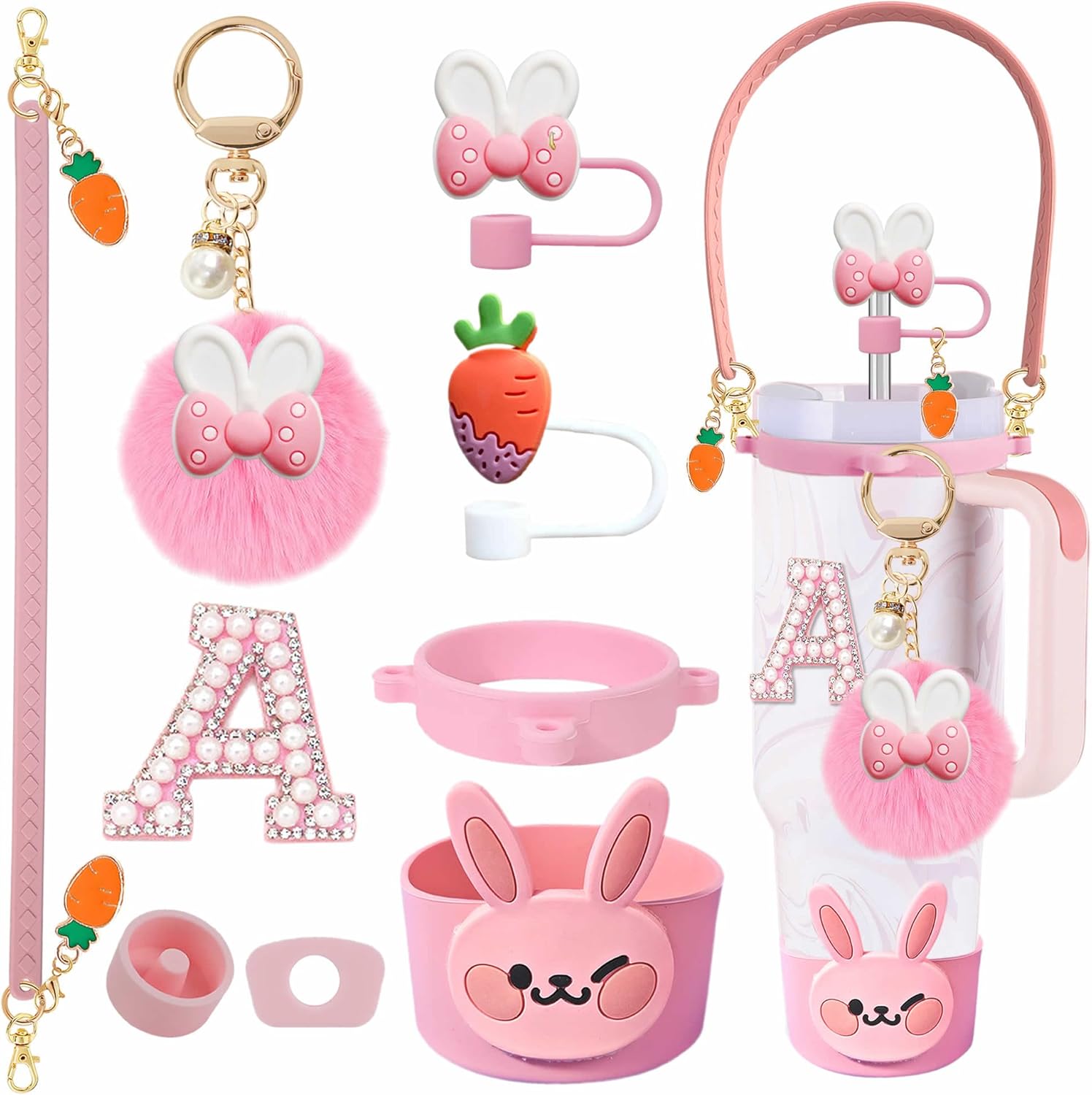 9PCS Rabbit Accessories Set for Stanley Cup, Including Rabbit Straw Toppers, Silicone Boot, Pom Pom Keychain, Handle Strap, Diamond Letter Stickers, for 30oz 40oz Tumblers