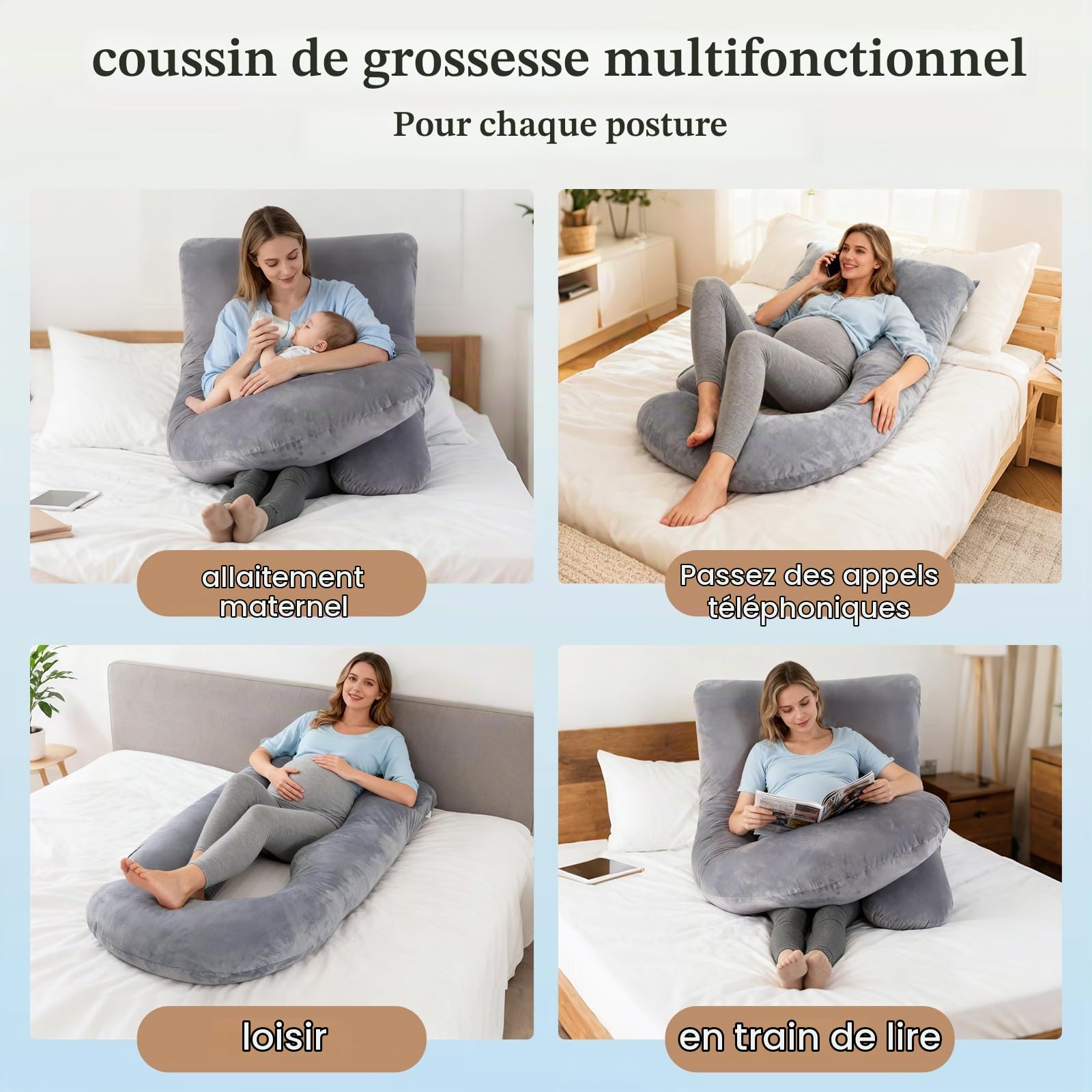 SOARFLY Coussin de Grossesse en Forme de U, Pregnancy Pillow 155cm pour Dormir sur Le Côté Coussin d'allaitement Amovible avec Housse, Soutien Dos, Ventre, Jambes, Gris