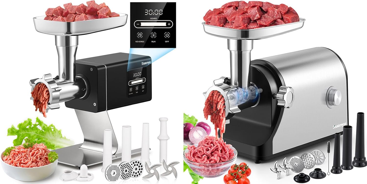Huanyu Commercial Heavy Duty Meat Grinder - 1.3HP Bone Grinder for Pet Food, Stainless Steel with Touchscreen and Huanyu Electric Meat Grinder, 3200w Max Power Heavy Duty, 2-Speed (Slow/Fast) Bundle