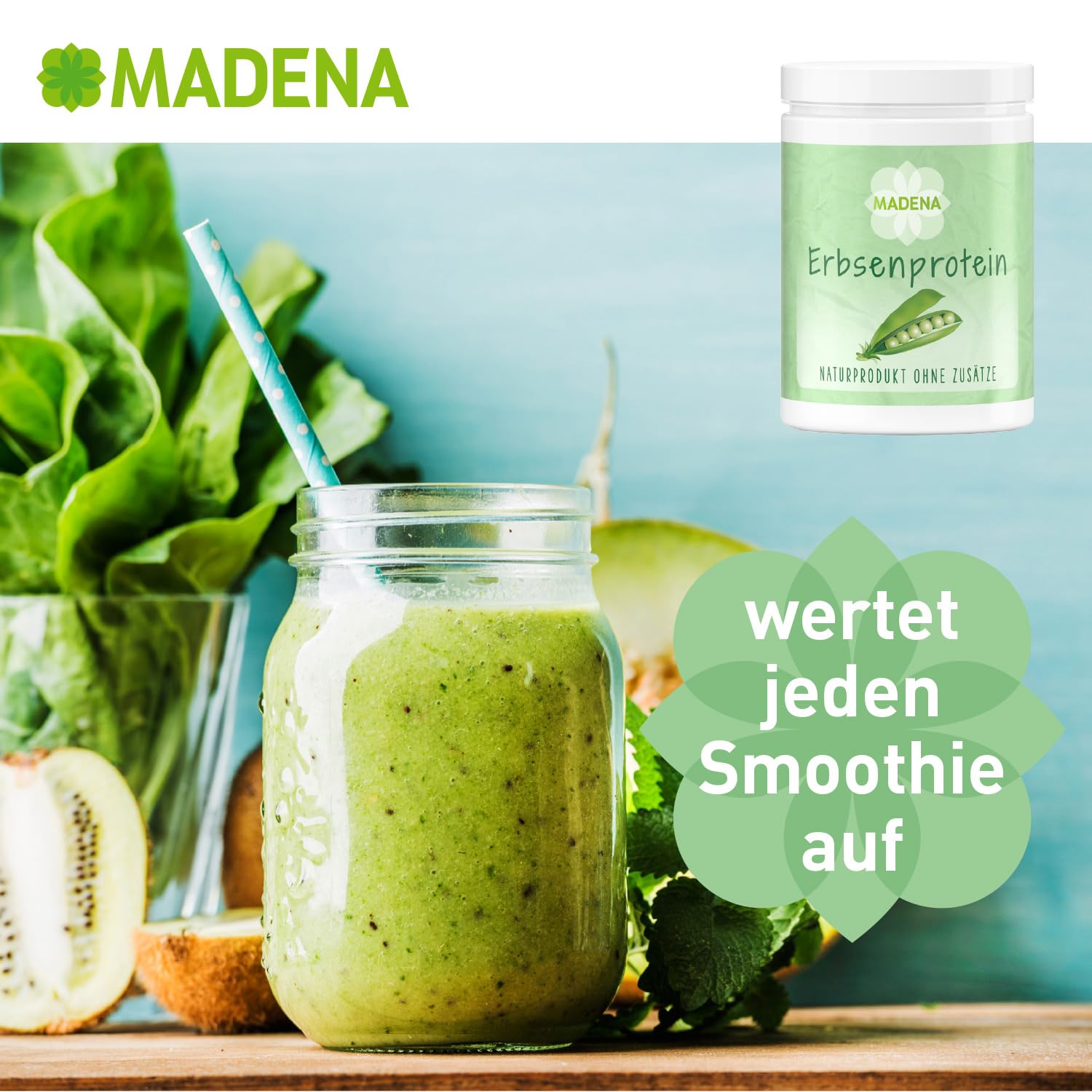 MADENA Erbsenprotein Pulver 1kg, veganes Protein mit 85% Proteingehalt, 100% Proteinisolat, extra mild und fein, glutenfrei laktosefrei