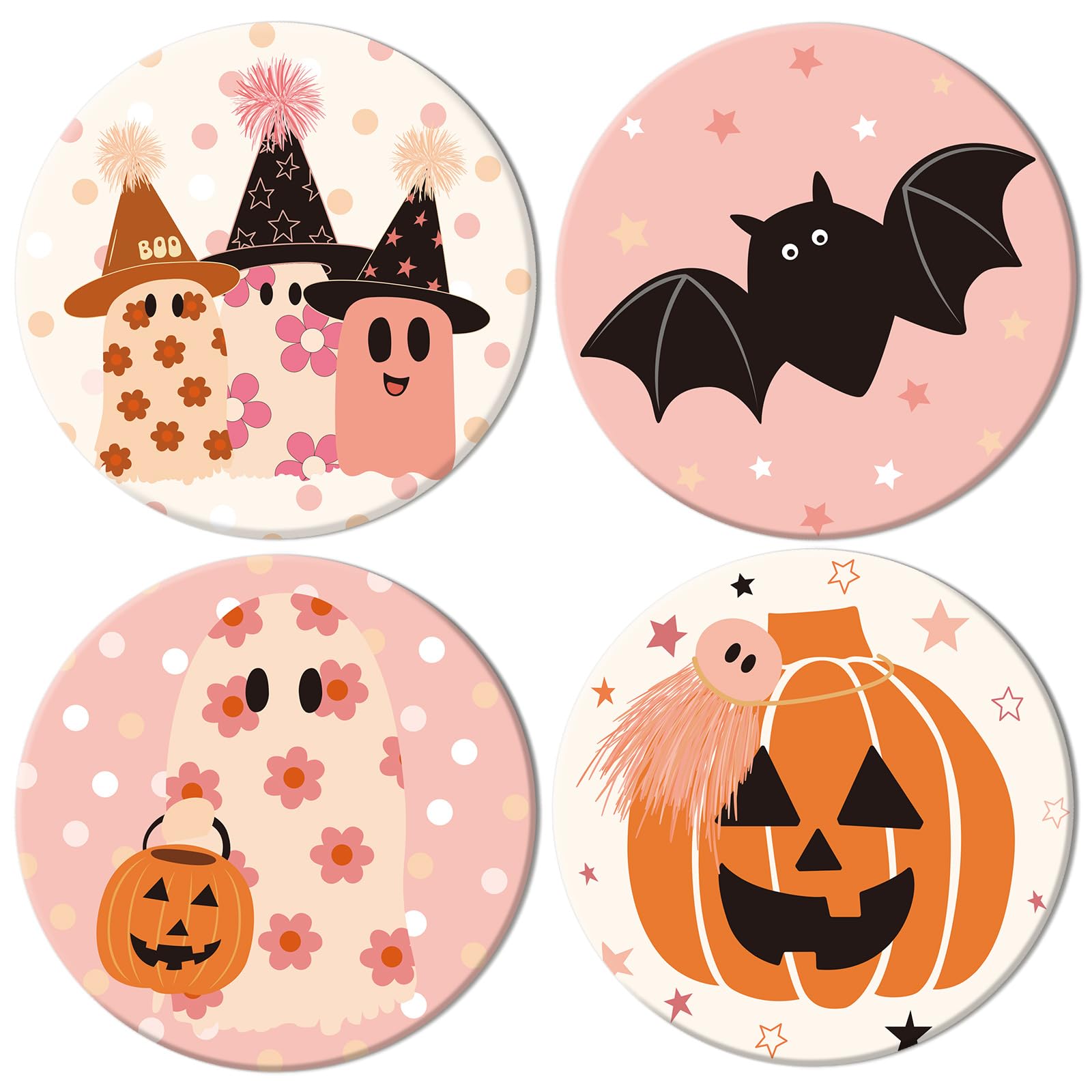 Whaline 4Pcs Halloween Coasters Pink Ghost Bat Pumpkin Ceramic Coasters Absorbent Cup Mat for Home Kitchen Office Party Table Decor