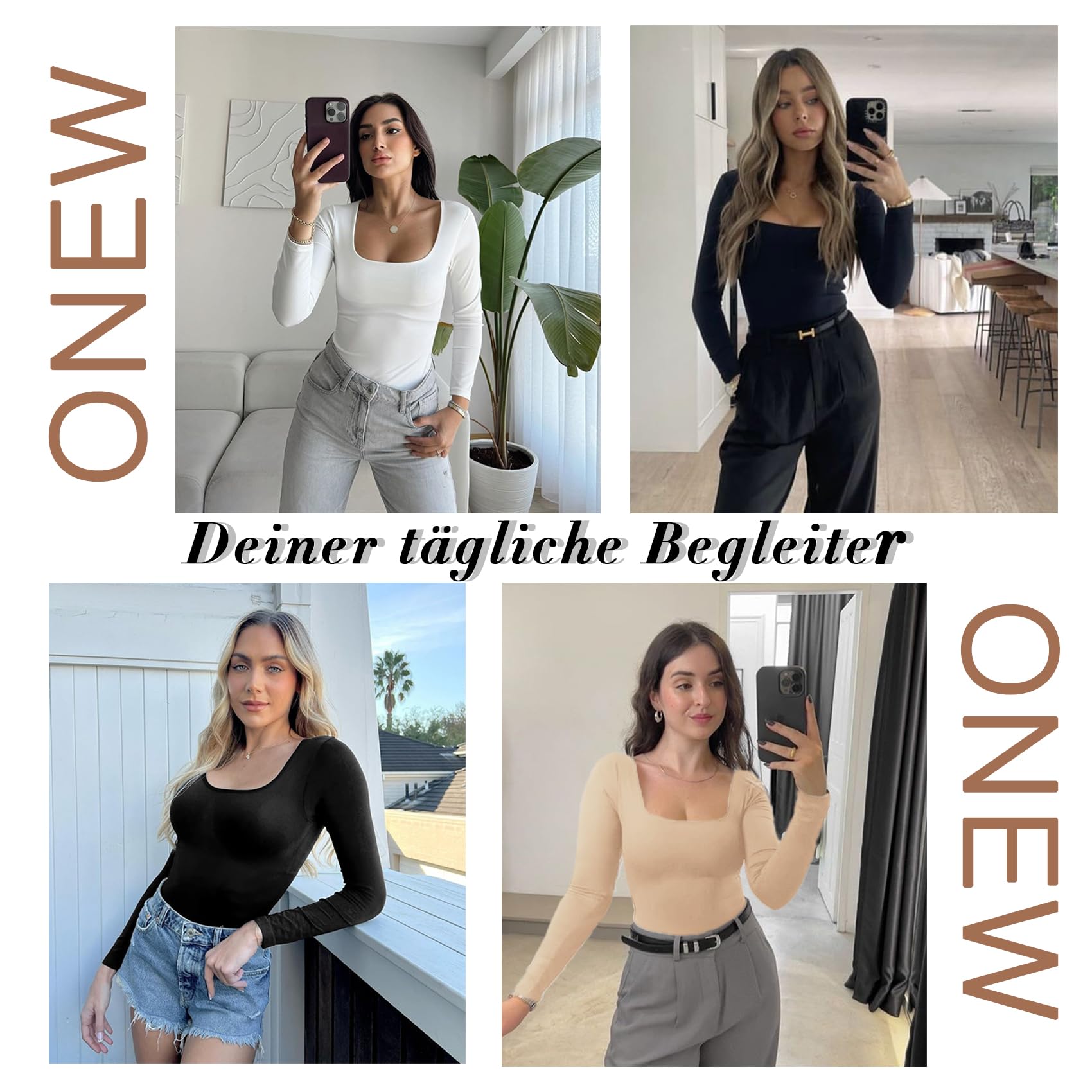 ONEW Damen Langarm & Kurzarm Body Eckiger Ausschnitt Bodysuit Oberteil Basic Square Neck Unterziehbody Shirt für Frauen
