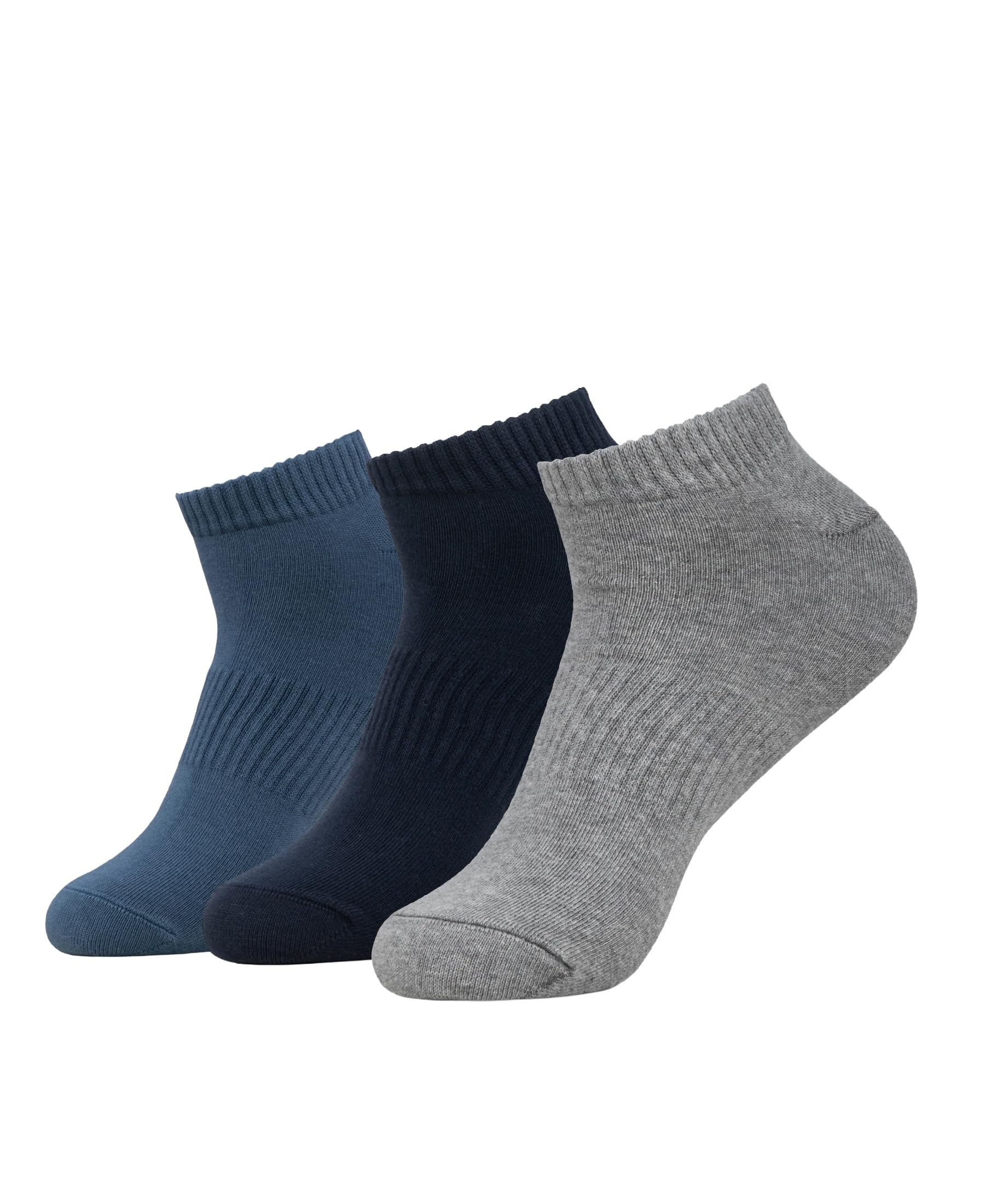 7097 Men's Compact Cotton Elastane Stretch Low Show Socks With StayFresh Treatment (Pack of 3)_Navy, Grey Melange & Stellar_FREE SIZE