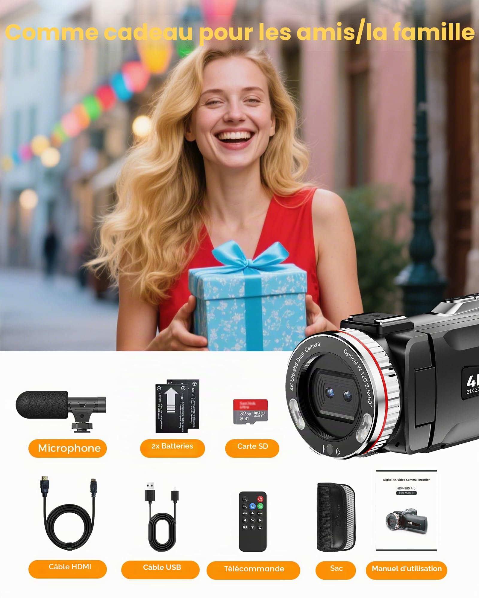 Caméscope 4K 48X Zoom Numérique 21X Vlogging Caméra avec Carte 32 Go, Microphone, Télécommande