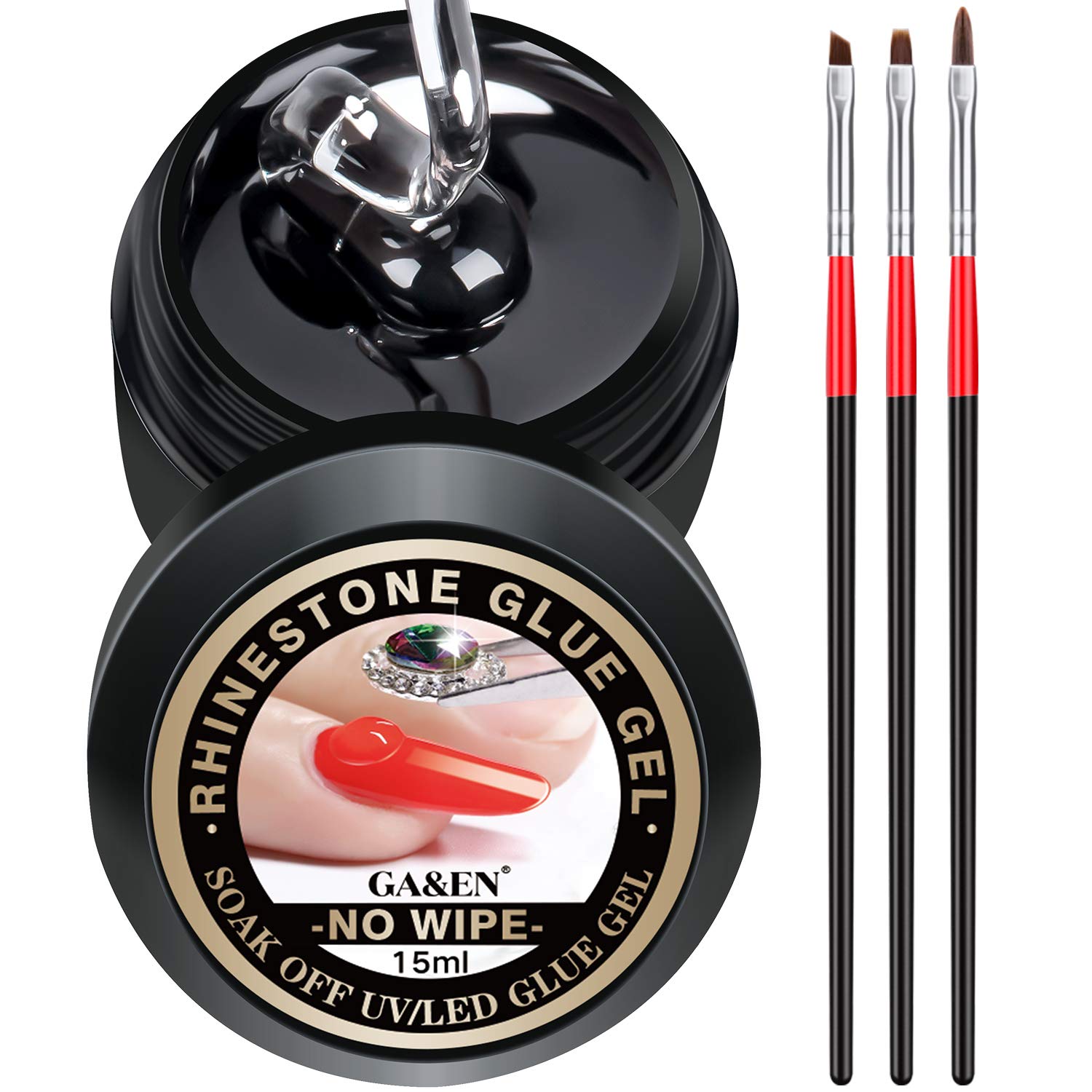 15ml NO Wipe Rhinestone Glue Gel Adhesive(LED Lamp Cure Needed) + 3 Brushes Clear Resin for Bling Gem Jewelry Diamond Polish Decoration Nail Art