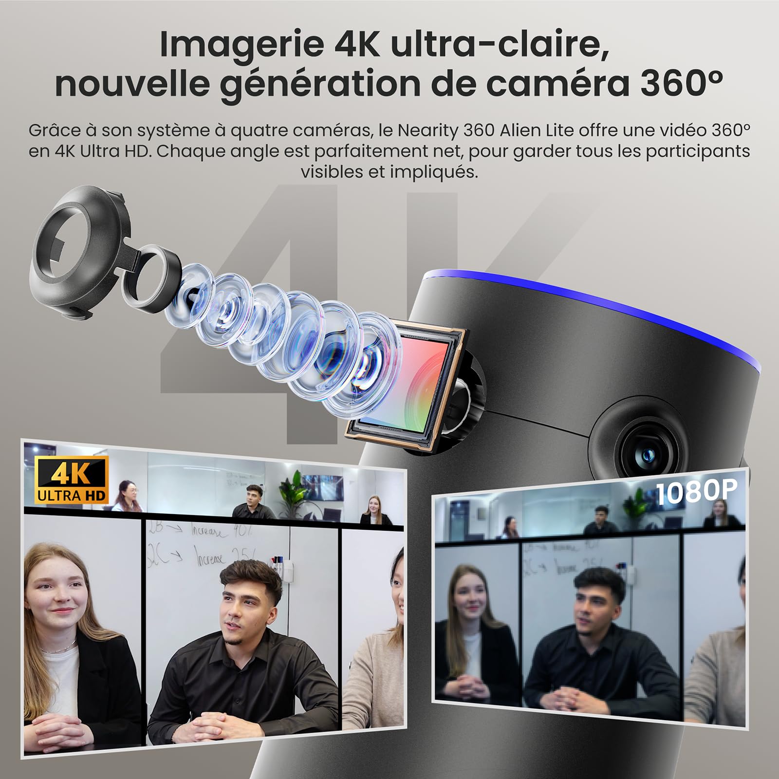 NEARITY 360 Alien Lite Caméra de visioconférence 4K,3 Modes IA