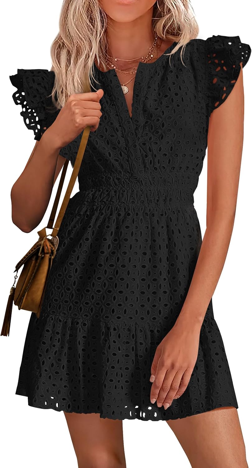 PRETTYGARDEN Women's 2026 Summer Sundresses Eyelet Cap Sleeve V Neck Short Boho Wedding Guest Dress Beach Vacation Clothes