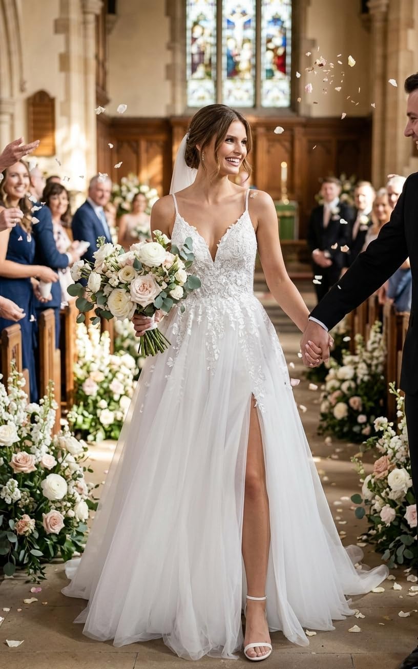 Damen Brautkleider Spaghettiträger Boho Hochzeitskleider Spitze A-Linie Standesamt Kleider