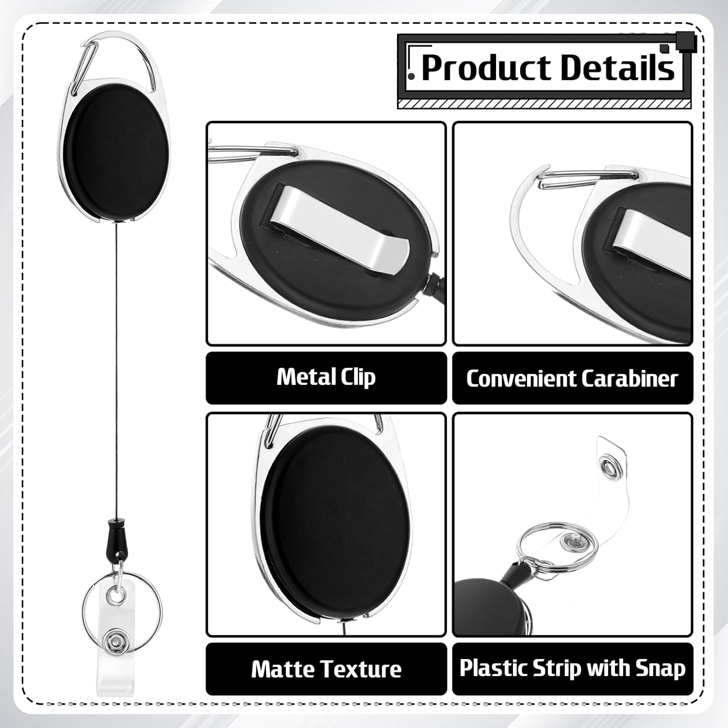 50 Pcs Retractable Badge Holders Bulk, Heavy Duty ID Badge Reels Black Key Holder with Ring Nylon Cord for Nurse, Teacher, Doctor, Office Worker Employee