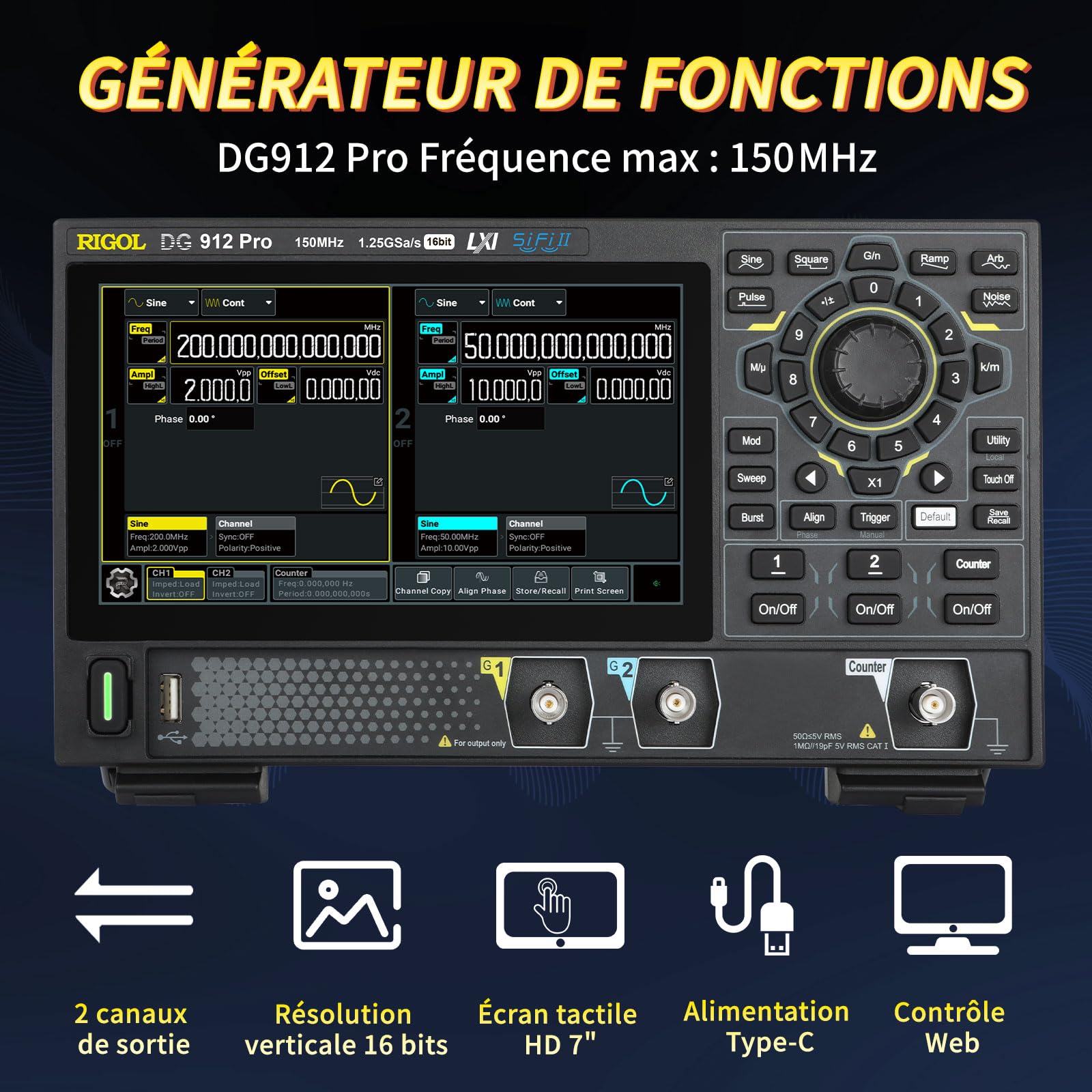 RIGOL Générateurs de Fonctions,DG912 Pro Générateur de Signaux,150 MHz,2 Canal,16 bits,écran tactile HD 7 pouces,Ultra-portable,Idéal pour les tests sur site et l’enseignement en laboratoire