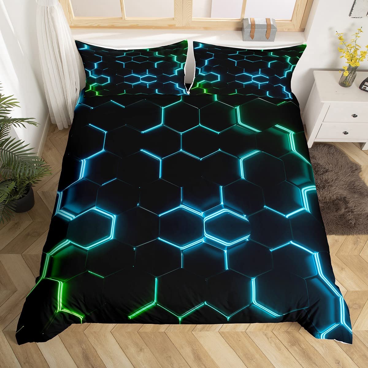 Teal Green and Black Print Duvet Cover Hexagonal Bedding Set Kids Boys Teens Honeycomb Decor Comforter Cover Beehive Geometric Bedspread Cover Bedroom Collection 2Pcs Single Size - Image 2