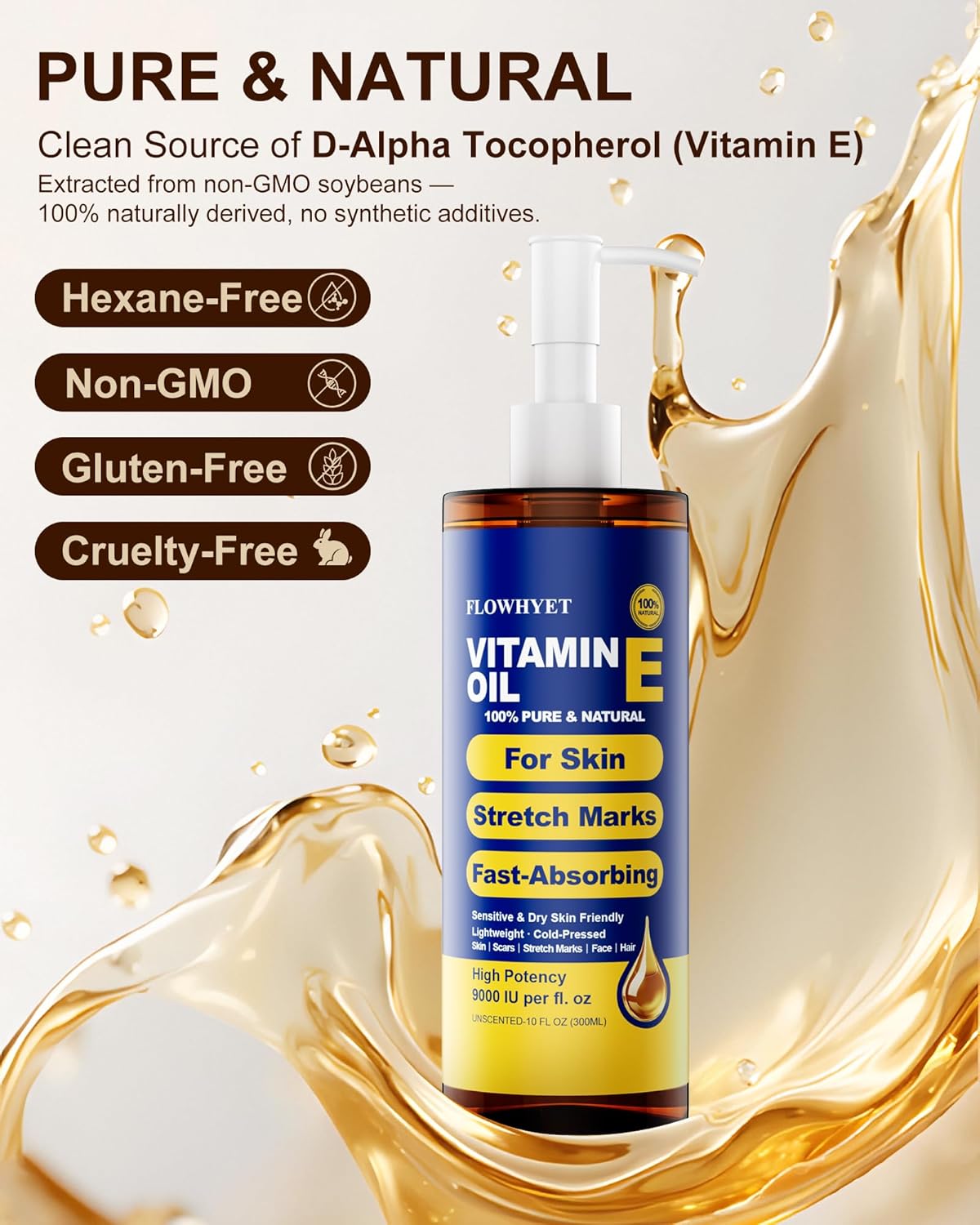 16 Floz Vitamin E Oil For Scars Skin, Pure Organic vit e for Face, Hair, Nails,Nourish Dry Skin, Maintain Youthful, Antioxidant, Fade Scars Unscented Body Oil LIGHTWEIGHT - 500ml