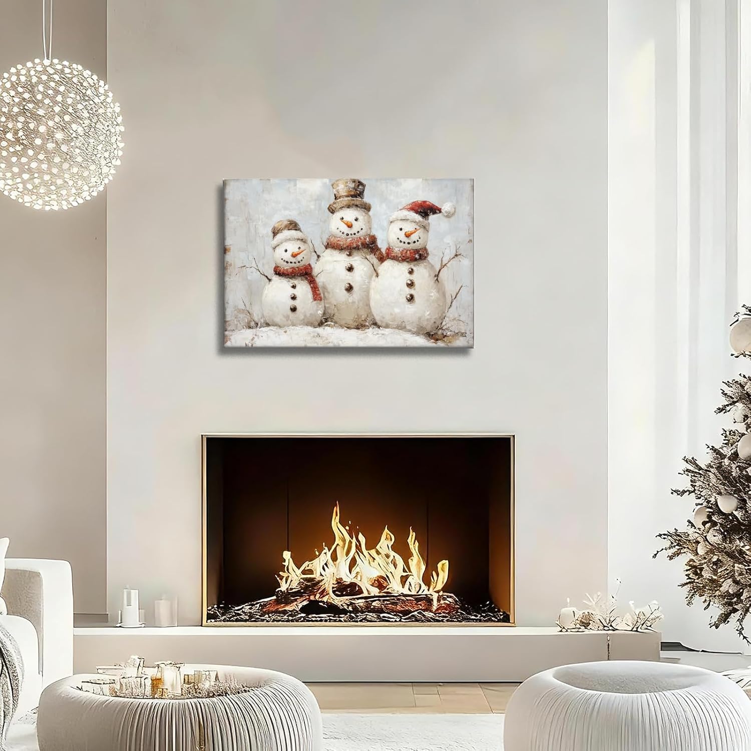 Poemwish Christmas Wall Decor, Trio Snowman Family Christmas Wall Art, Textured Oil Artwork, Cozy Winter Gathering Scene