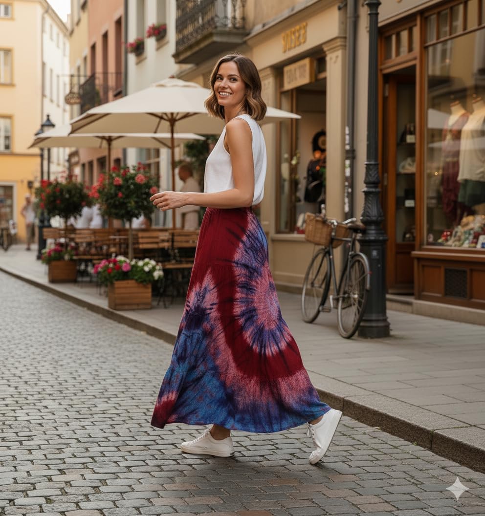 Tie Dye Comfort Maxi Long Skirt Bohemian Gypsy Elastic Waist Handmade Plus Size (Maroon)