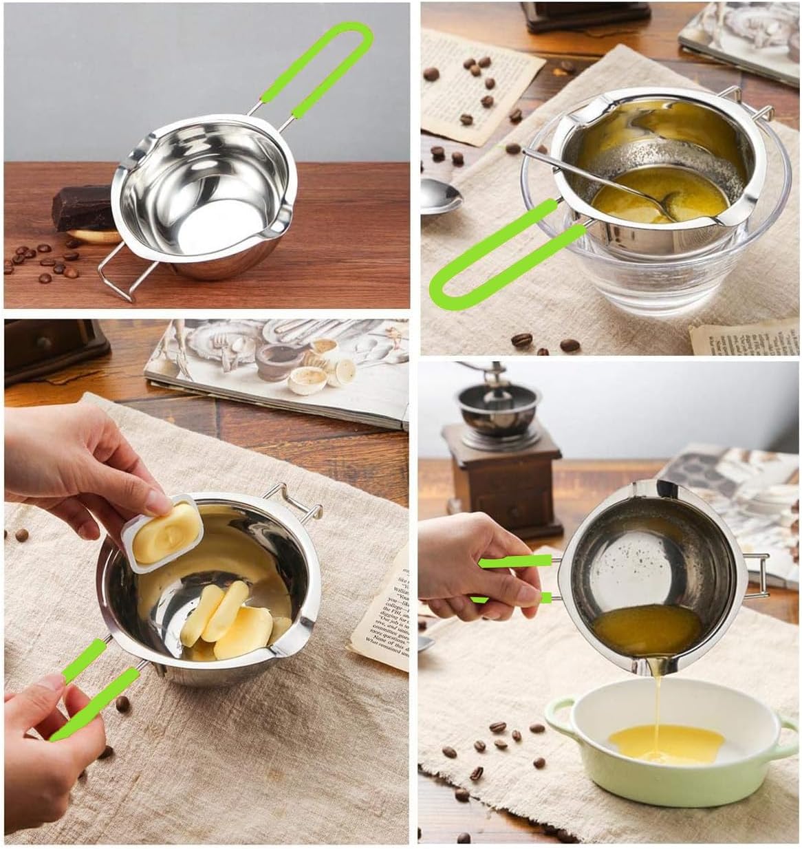 Stainless Steel Double Boiler Pot, 600ML Updated Melting Pot with for Melting Butter,Chocolate, Candy, Cheese and Caramel (green)