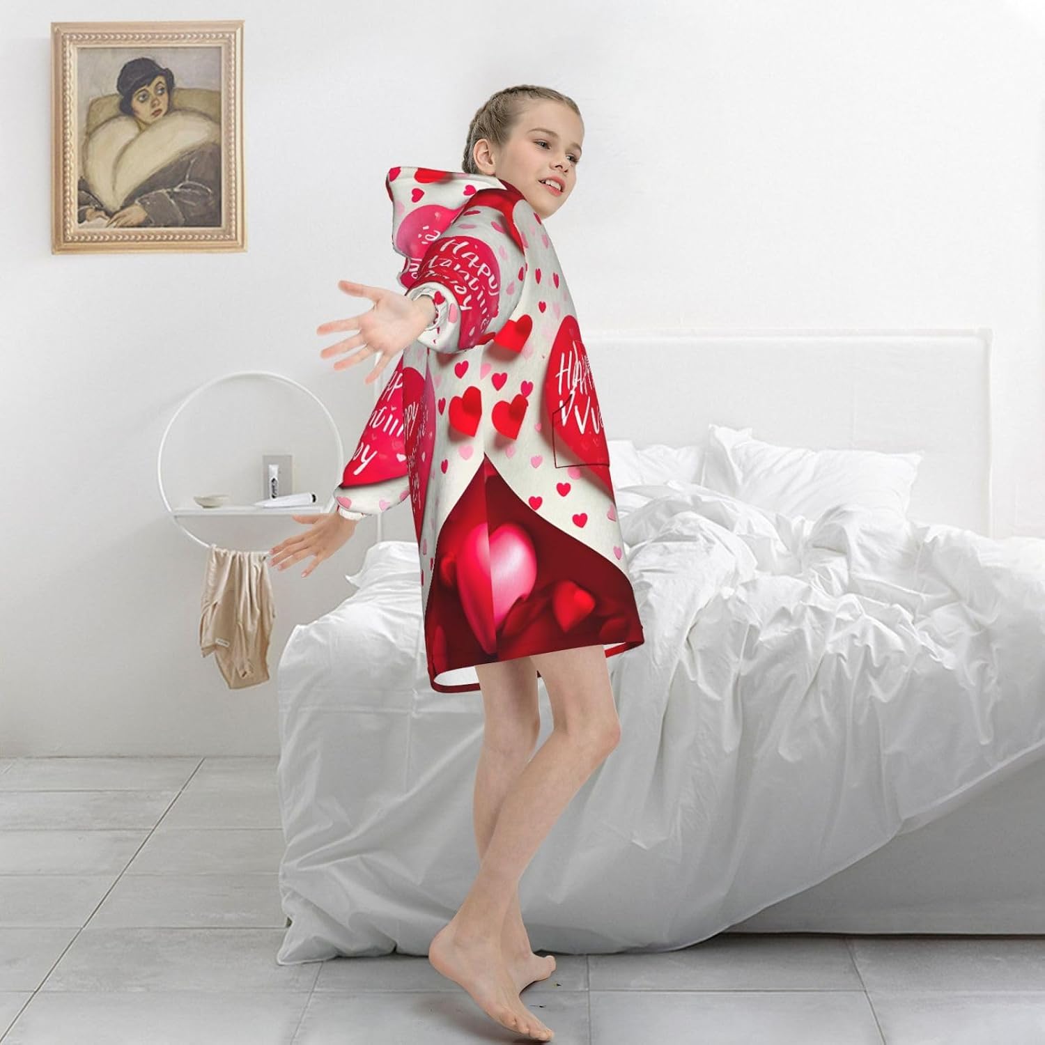 Happy Valentine'S Day Print Oversized Blanket Hoodie, Wearable Blanket Hooded,Hooded Pullover With Pocket