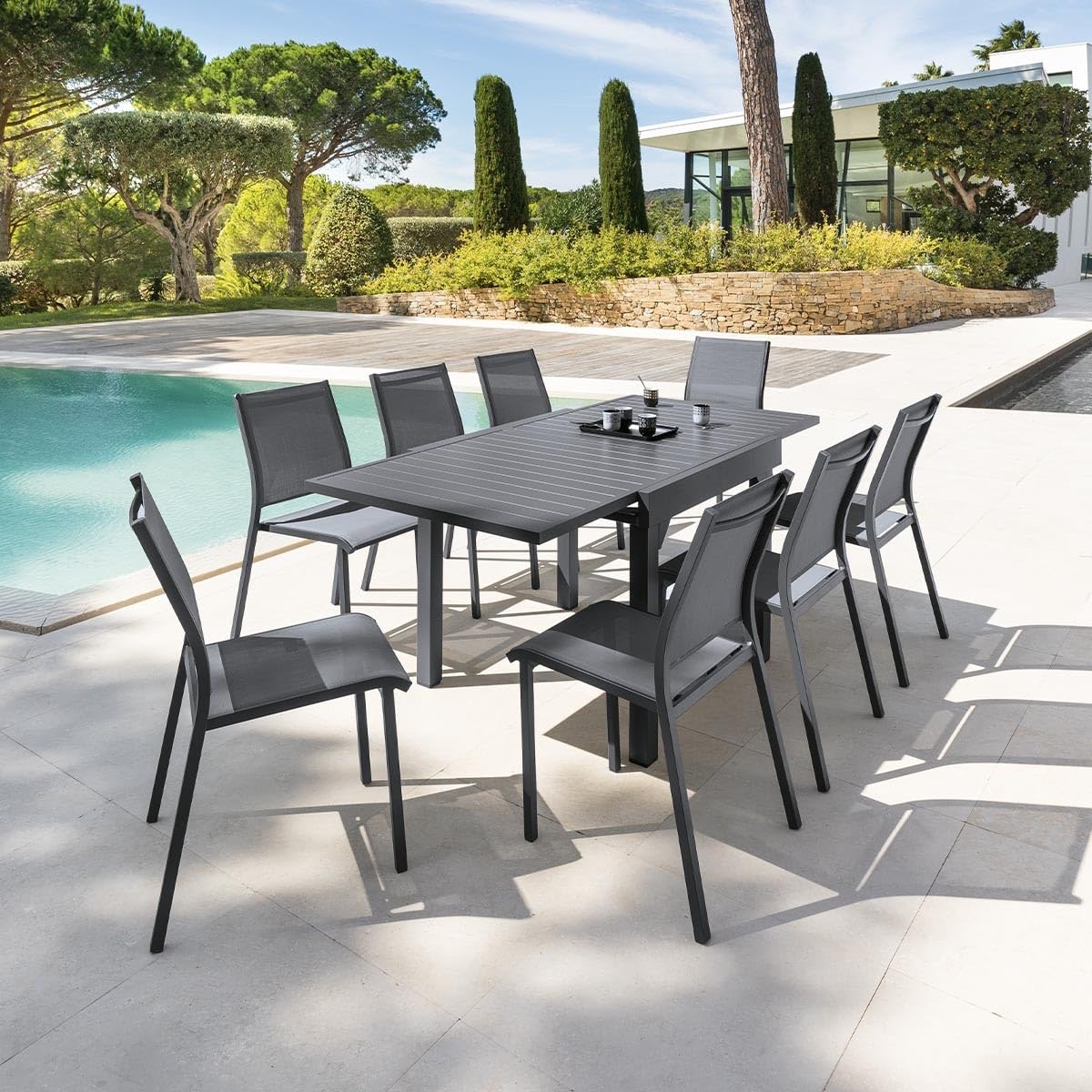 HESPERIDE - Mesa de jardín Extensible Piazza, Gris Grafito - 8 plazas - Aluminio Inoxidable - Extensión Deslizante - Muebles de Exterior