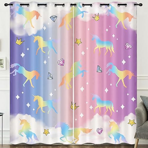 HOSIMA Cortinas de unicornio arcoíris para dormitorio y sala de juegos de niñas, cortinas color azul morado degradado con ojales, 42 x 63 pulgadas