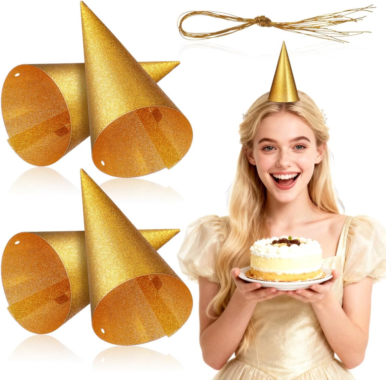12 Pcs Cone Glitter Birthday Hats: Gold Party Small Birthday Cone Hats with Gold Ropes Glitter Prince Crown for Kid Party Favors Celebration Decorations