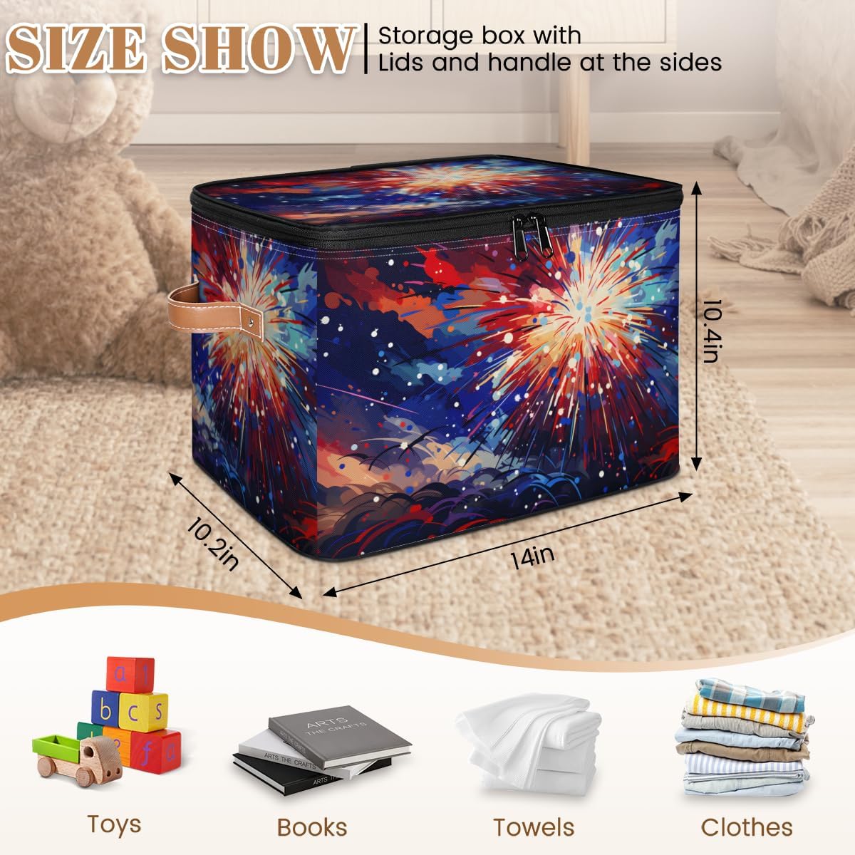 Storage Bin Set of 2 Colorful Fireworks Storage Basket with Zipper Lid & Handle Foldable Closet Shelf 2 Pack Cloth Organizer Basket Cube Bins Clothes Organizer for Bedroom, Nursery