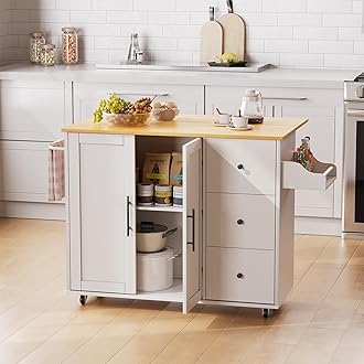 Kitchen Island with Storage, Rolling Kitchen Cart with 3 Drawers Storage Cabinet on Wheels with Inner Adjustable Shelves for Dining Room/Living Room Thicker,39.37" L X 27.05" W, Milky White