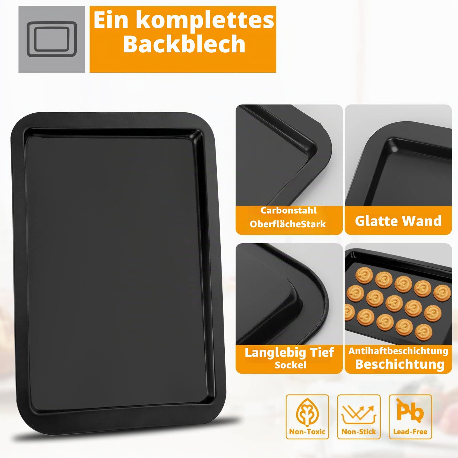 ASelected Backblech Baking Tray Ofenblech 43 x 29 x 1,8 cm Premium-Qualität Antihaftbeschichtet Teflon-Beschichtung Leicht zu Reinigen Geeignet für Kekse Kuchen usw