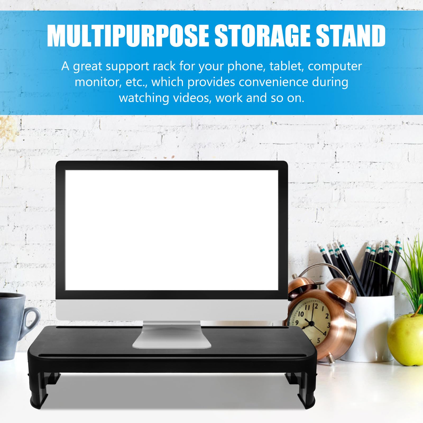 Supporto per Monitor Regolabile da Scrivania Porta Tablet e Portaoggetti Antiscivolo, Rialzo Ergonomico per Computer per Ufficio e Smart Working, Struttura Resistente Nera