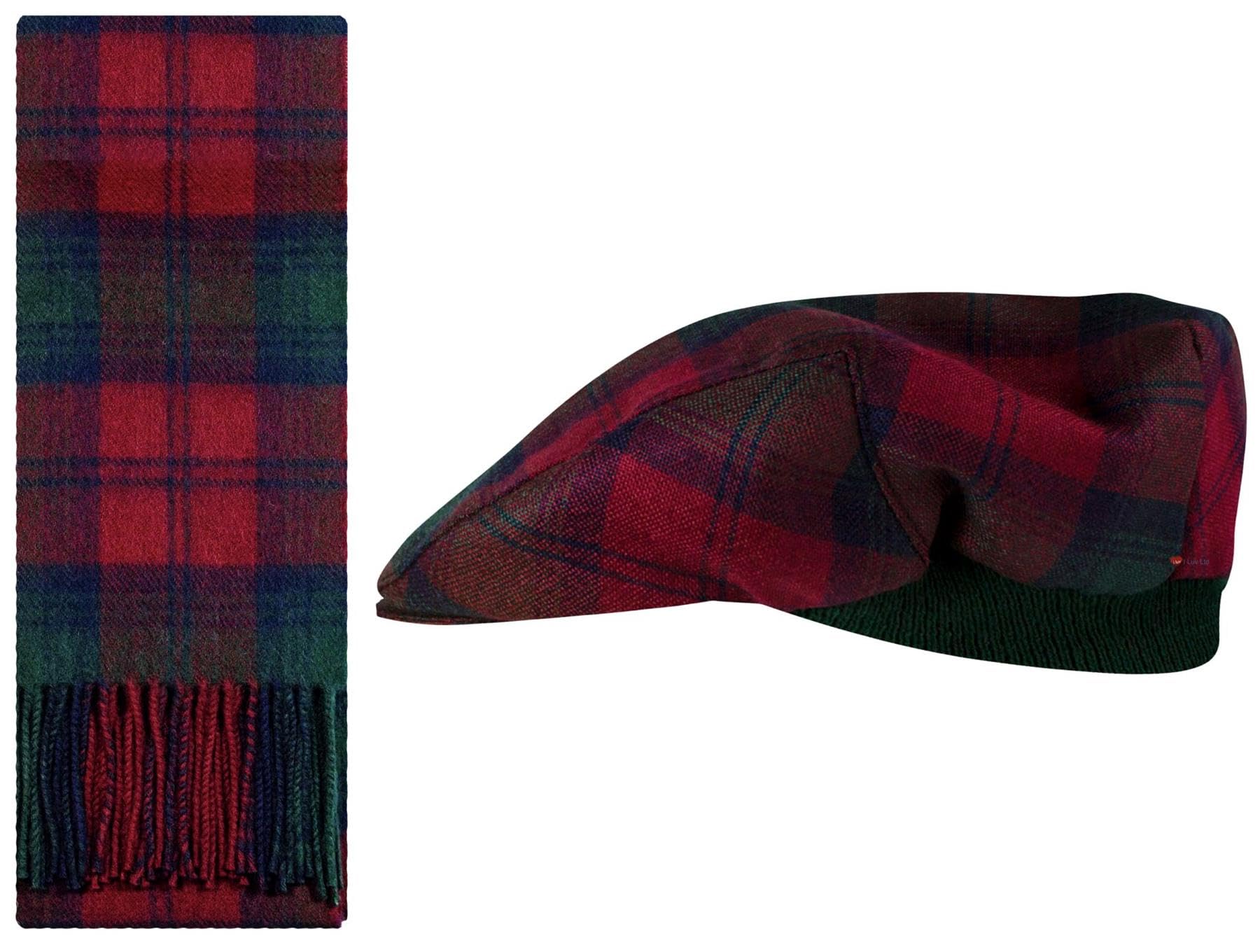 Lambswool Flat Cap and Scarf Matching Gift Set Lindsay Modern Tartan Plaid One Size Elasticated Band News Boy Caps Beret Paperboy Hats for Men Womens Scarves Comfort Fit Scottish Gifts