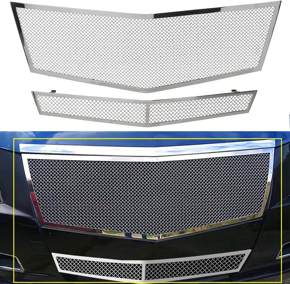 Stainless Steel Mesh Grille Compatible with 2008 2009 2010 2011 2012 2013 Cadillac CTS Chrome Grill include Upper+Lower Front Grill Insert (Polished-Silver)