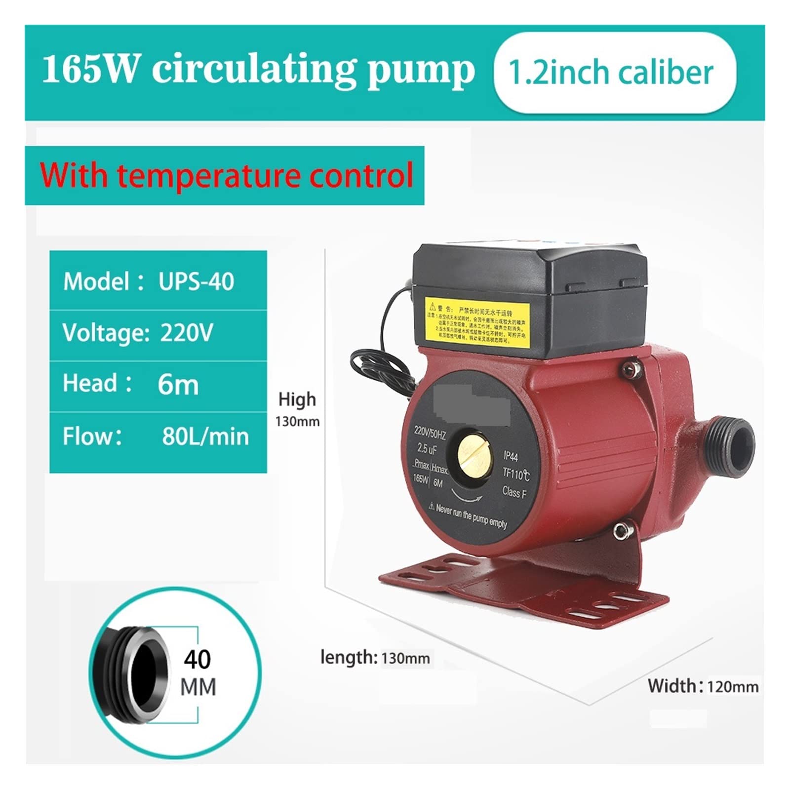 Bomba de circulación de calefacción Central automática con Control de temperatura de 165 W, bomba de circulación de agua caliente for calefacción doméstica(165W caliber 40)