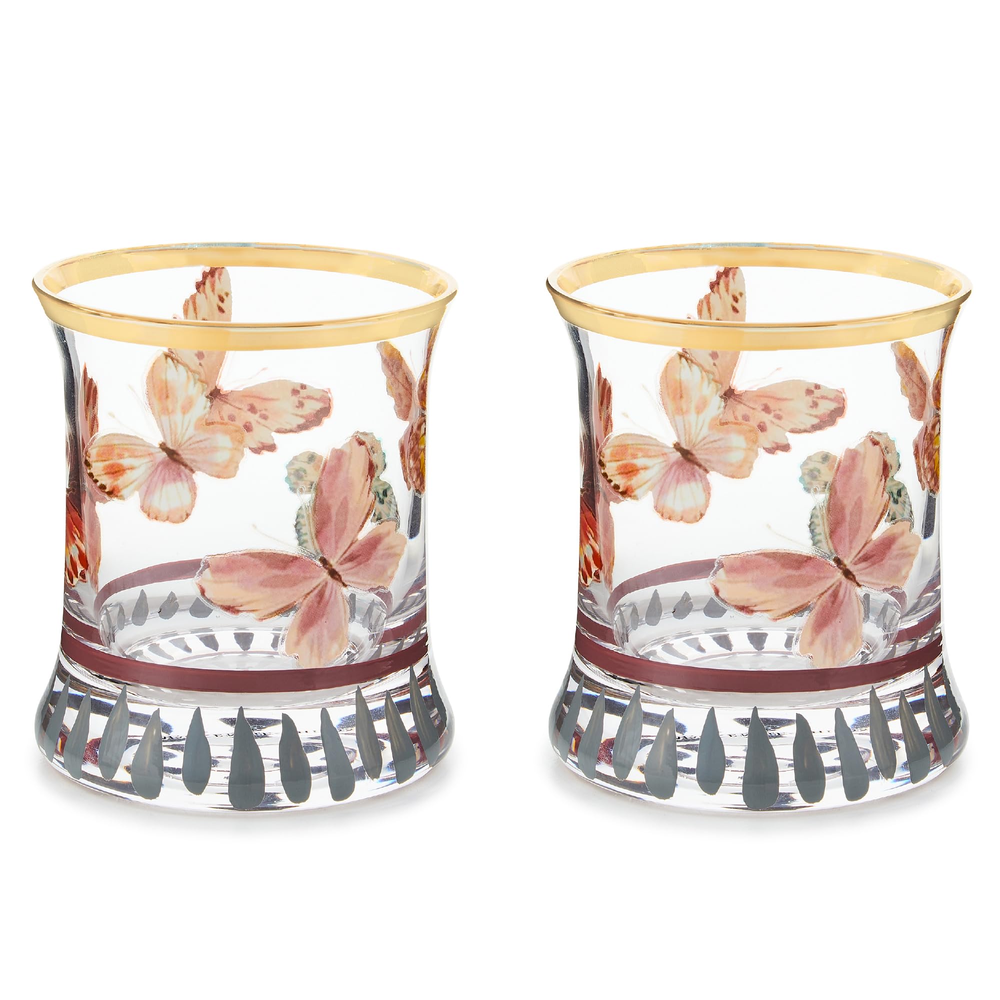 MACKENZIE-CHILDS Tumbler Glasses Elegant Drinkware Glasses with Gold Rim 8 Ounces Set of 2 Butterfly Hill