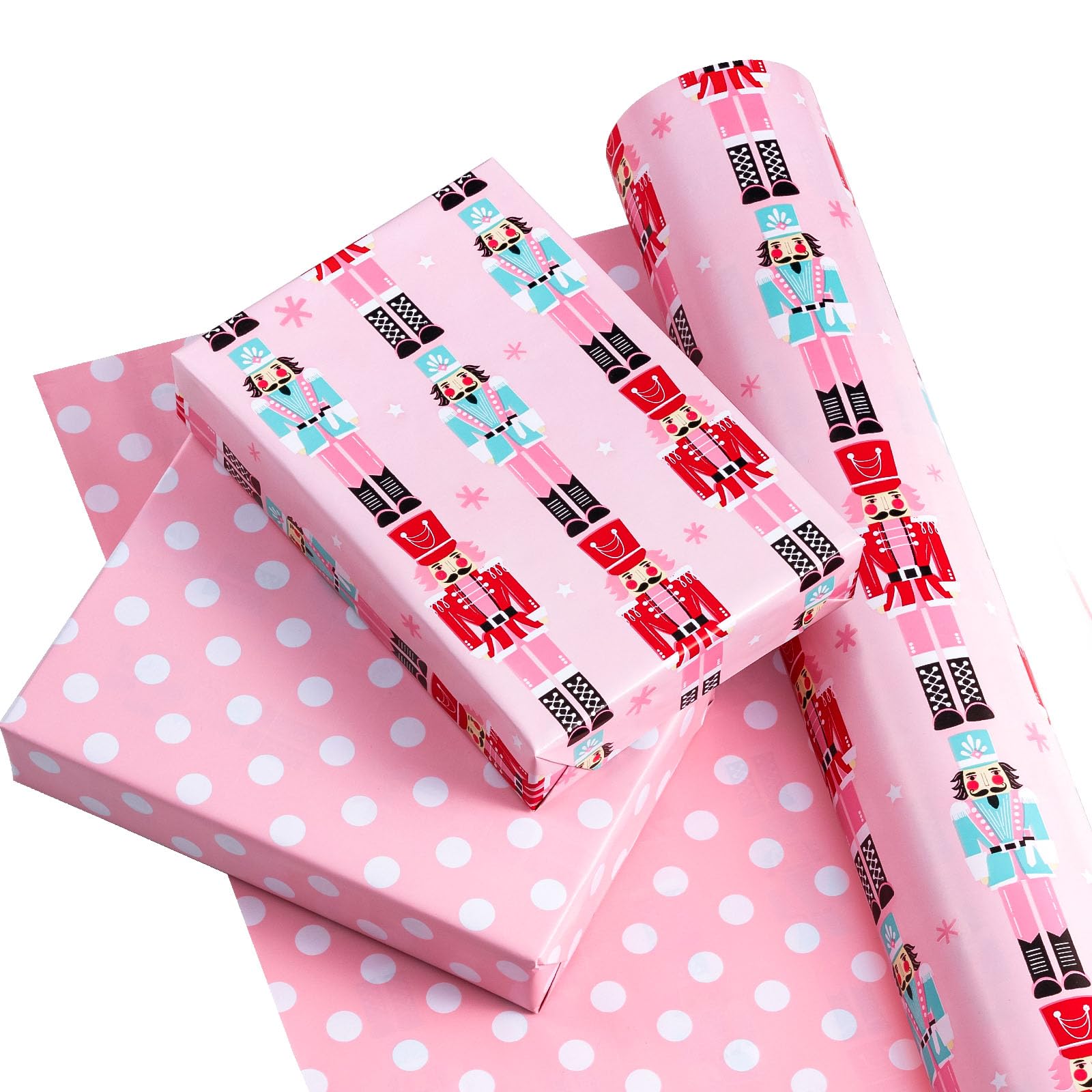 WRAPAHOLIC Wendbares Weihnachts-Geschenkpapier, 76,2 cm x 30 m, Jumbo-Rolle, rosa Nussknacker und Punkte-Design