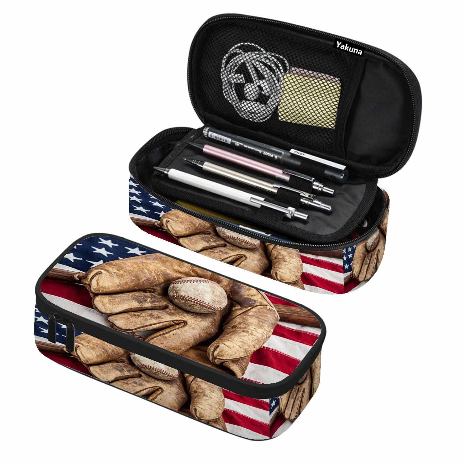 Yakuna Vintage Baseball Pen Bag Bat Glove American Flag Cool Cowboy Organizer Stationery Box Makeup Pencil Case Office Supply for Adults Student