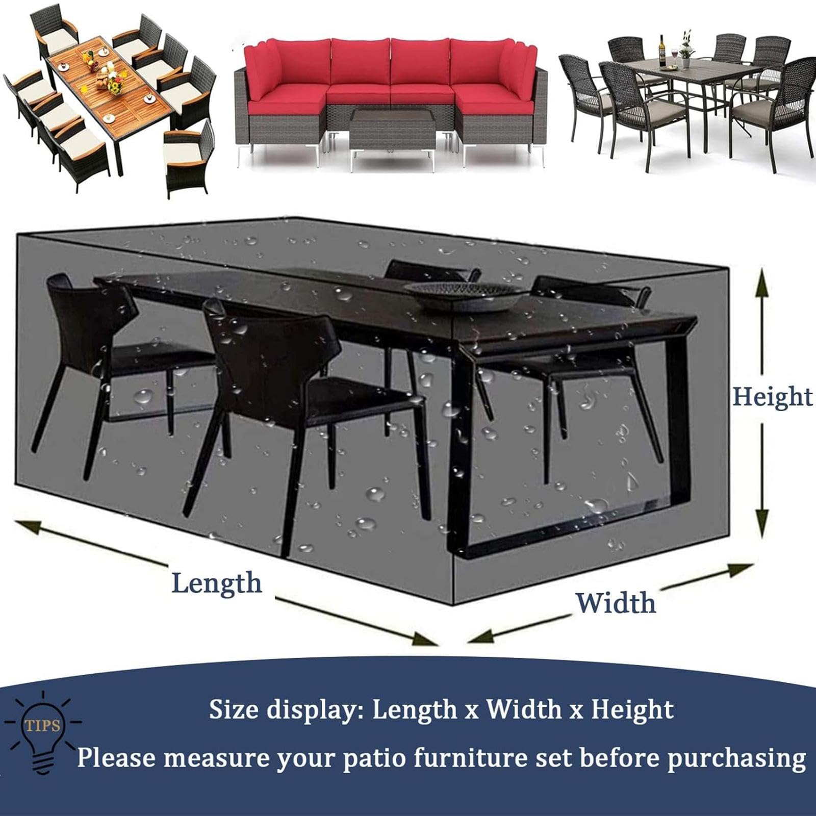 Copertura per mobili da esterno 200 x 160 x 60 cm (lunghezza x larghezza x altezza), impermeabile, resistente a pioggia, neve, polvere, anti-UV, antivento, rettangolare, in rattan, varie