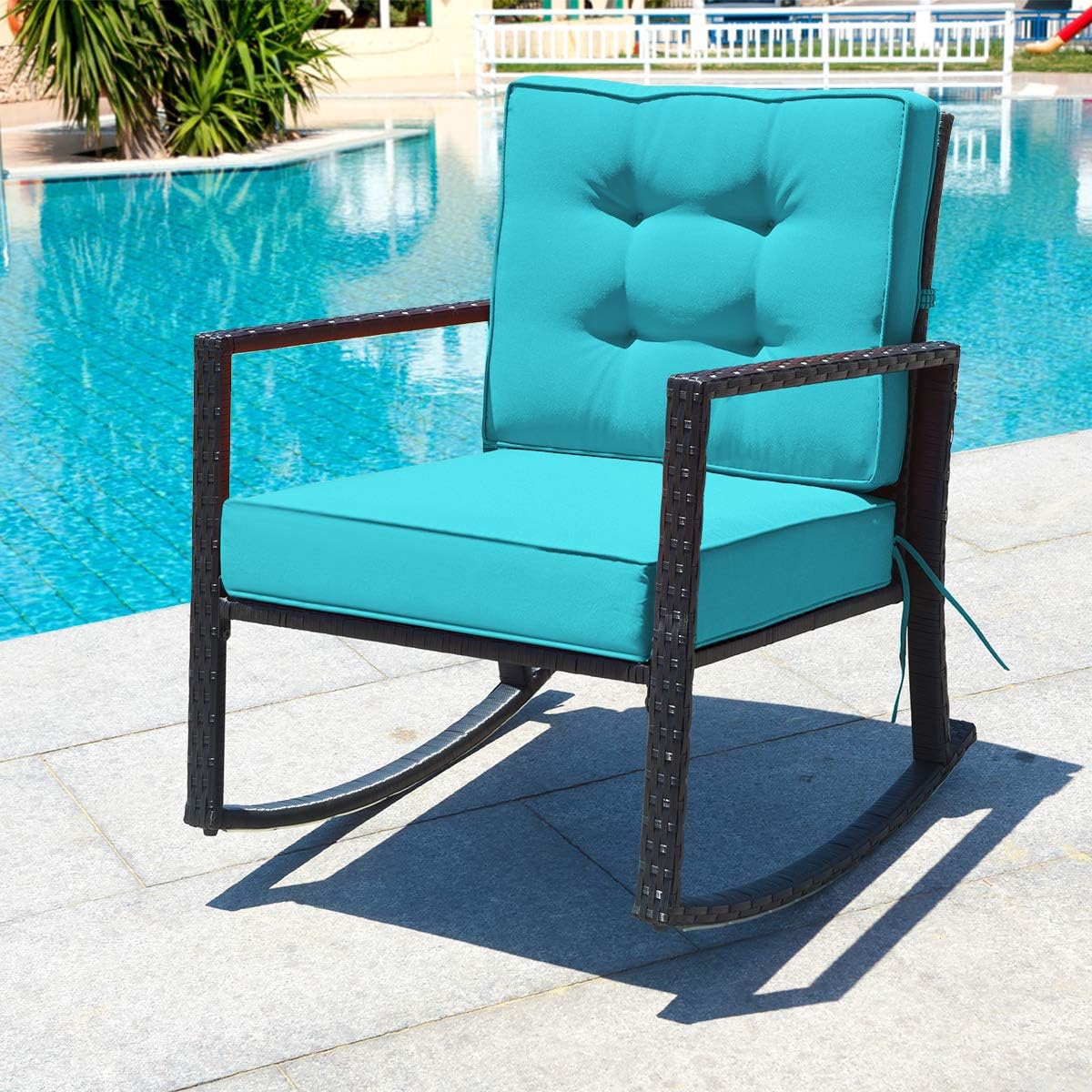 FANTASK Wicker Rocking Chair with Cushion, Outdoor Rattan Chair with Steel Frame & Armrest, Patio Rocking Chair for Backyard, Poolside, Porch, Balcony (Turquoise)