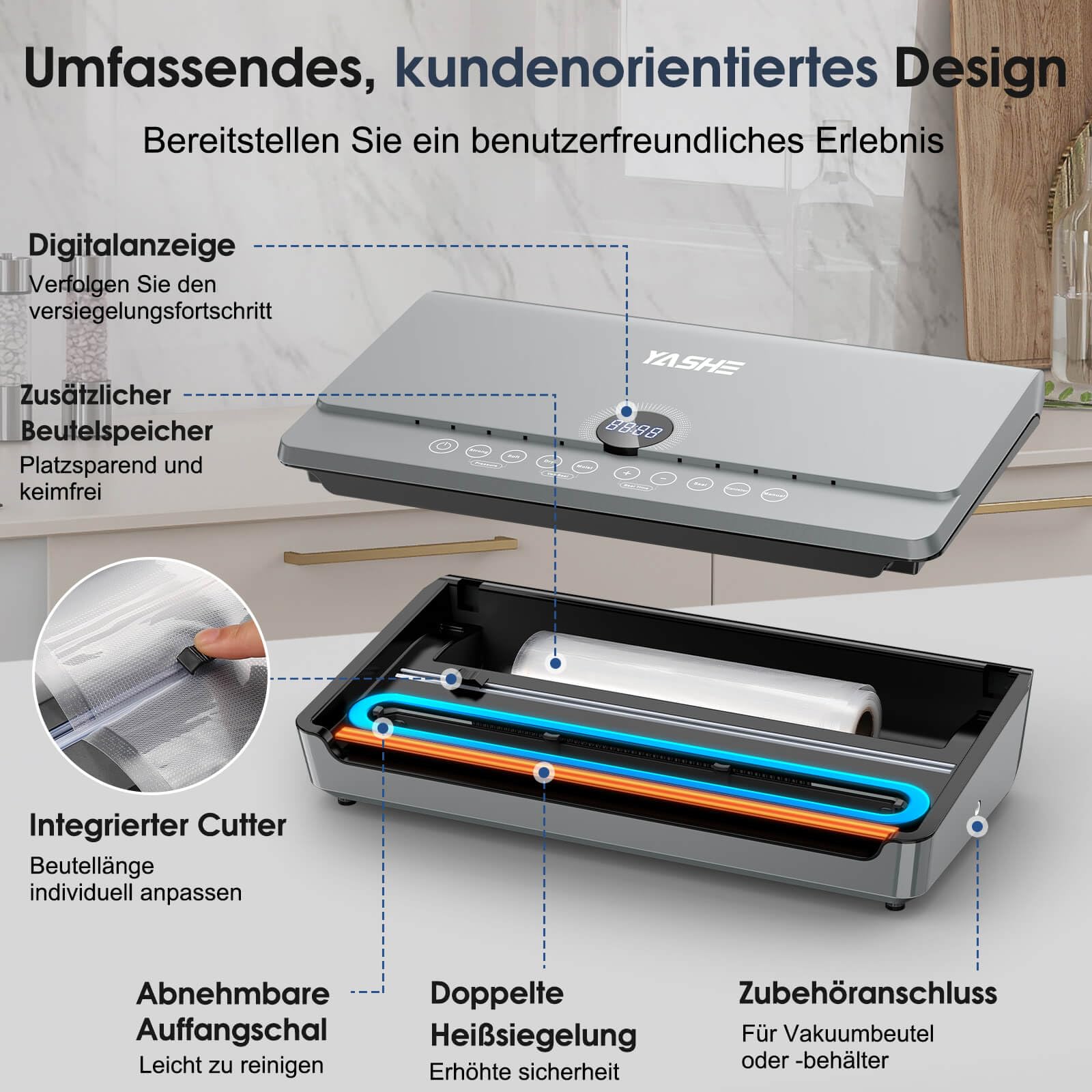 YASHE 80KPA Vakuumiergerät mit Magnetischem Deckel, 10-in-1 Vakuumierer mit Doppelte Schweißnaht und Doppelte Kolbenpumpe, Integrierte Rollenaufbewahrung Vakumierergerät für Lebensmittel