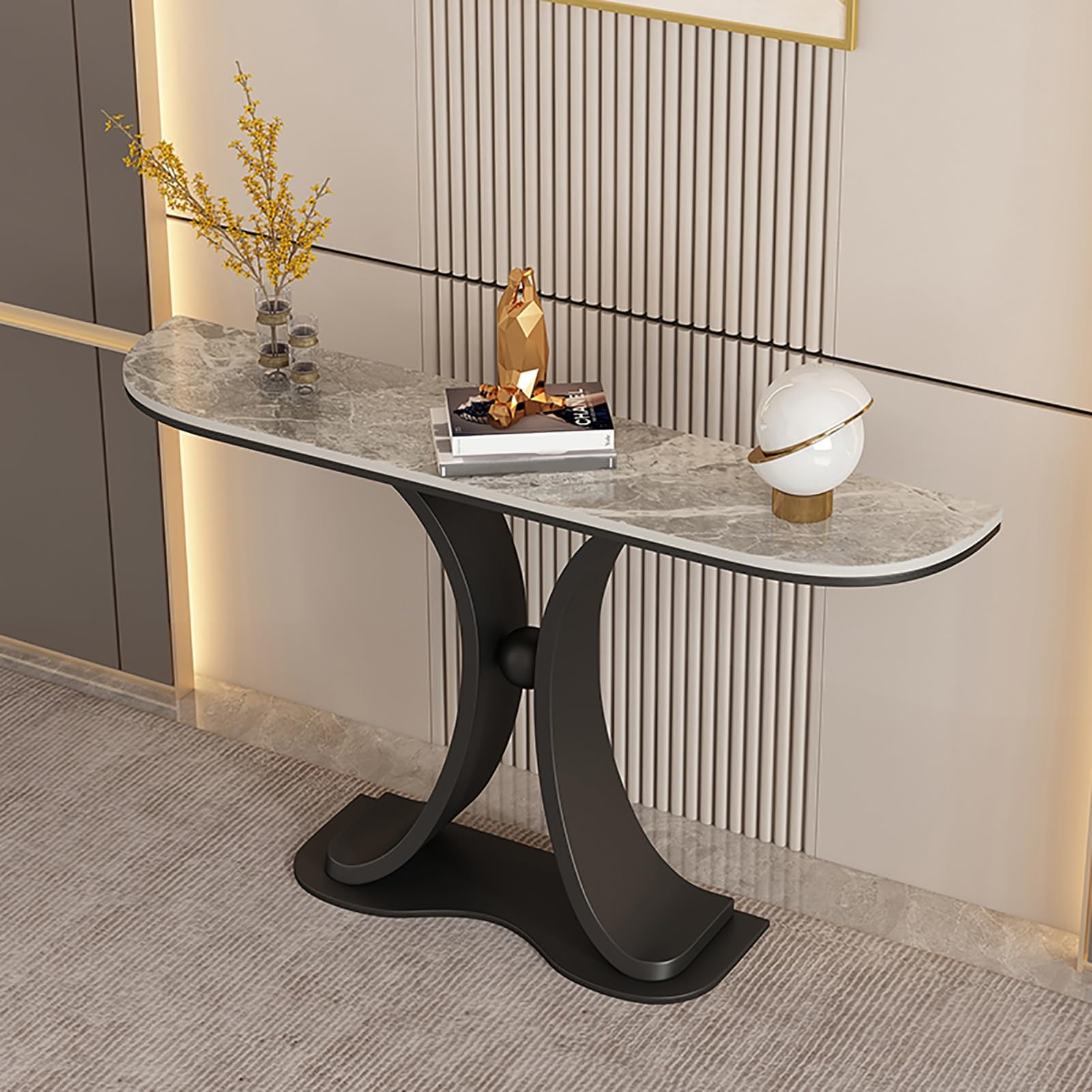 Consolle per Ingresso, tavolino Stretto e Lungo per Foyer con Base Geometrica in Metallo, tavolino d'appoggio per Soggiorno, Ingresso, corridoio, Camera da Letto (Nero, 4,150 cm/59 Pollici)