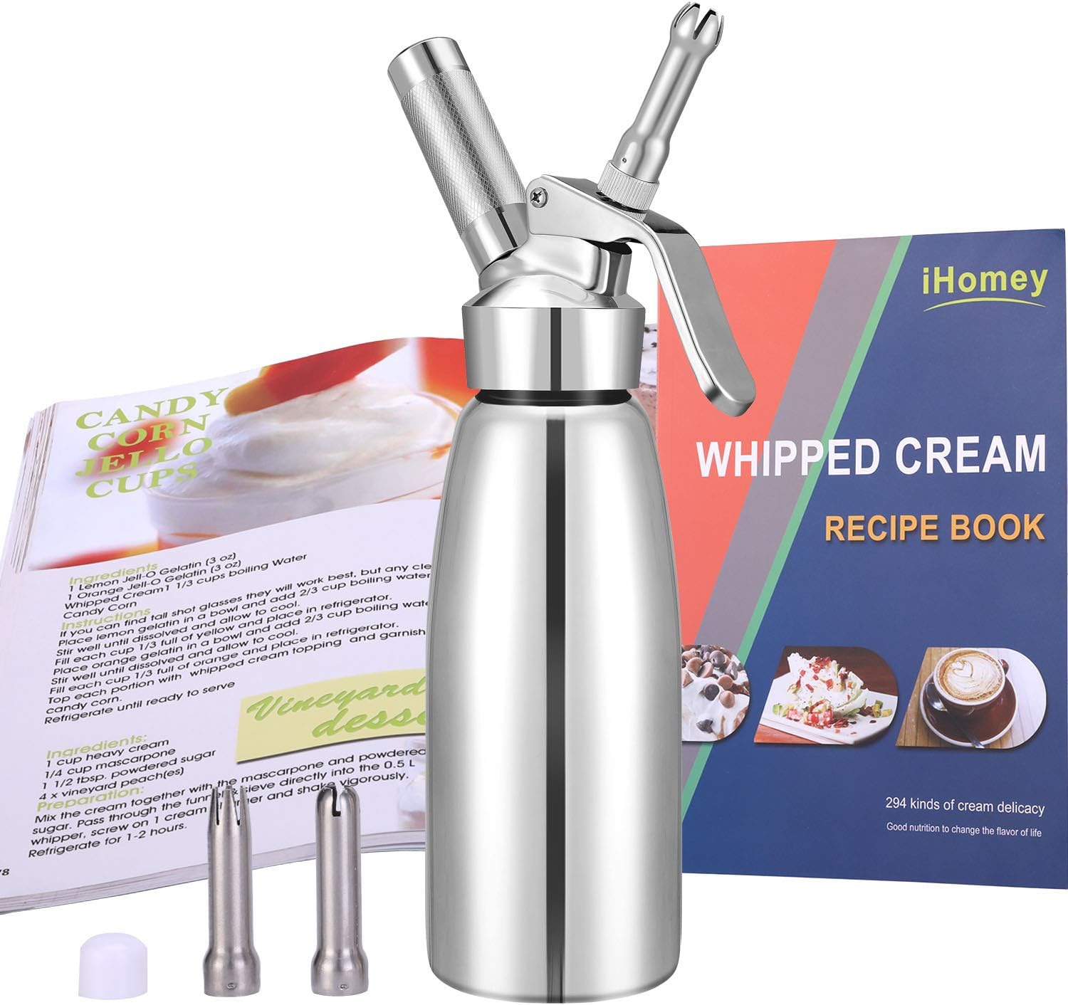iHomey Whipped Cream Dispenser—Stainless Steel Leak-free Cream Whipper/Homemade Cream Maker/a Gourmet Recipe Book/Needs a Standard 8 Gram N2O Charger(1 Pint/500ml, Silver)